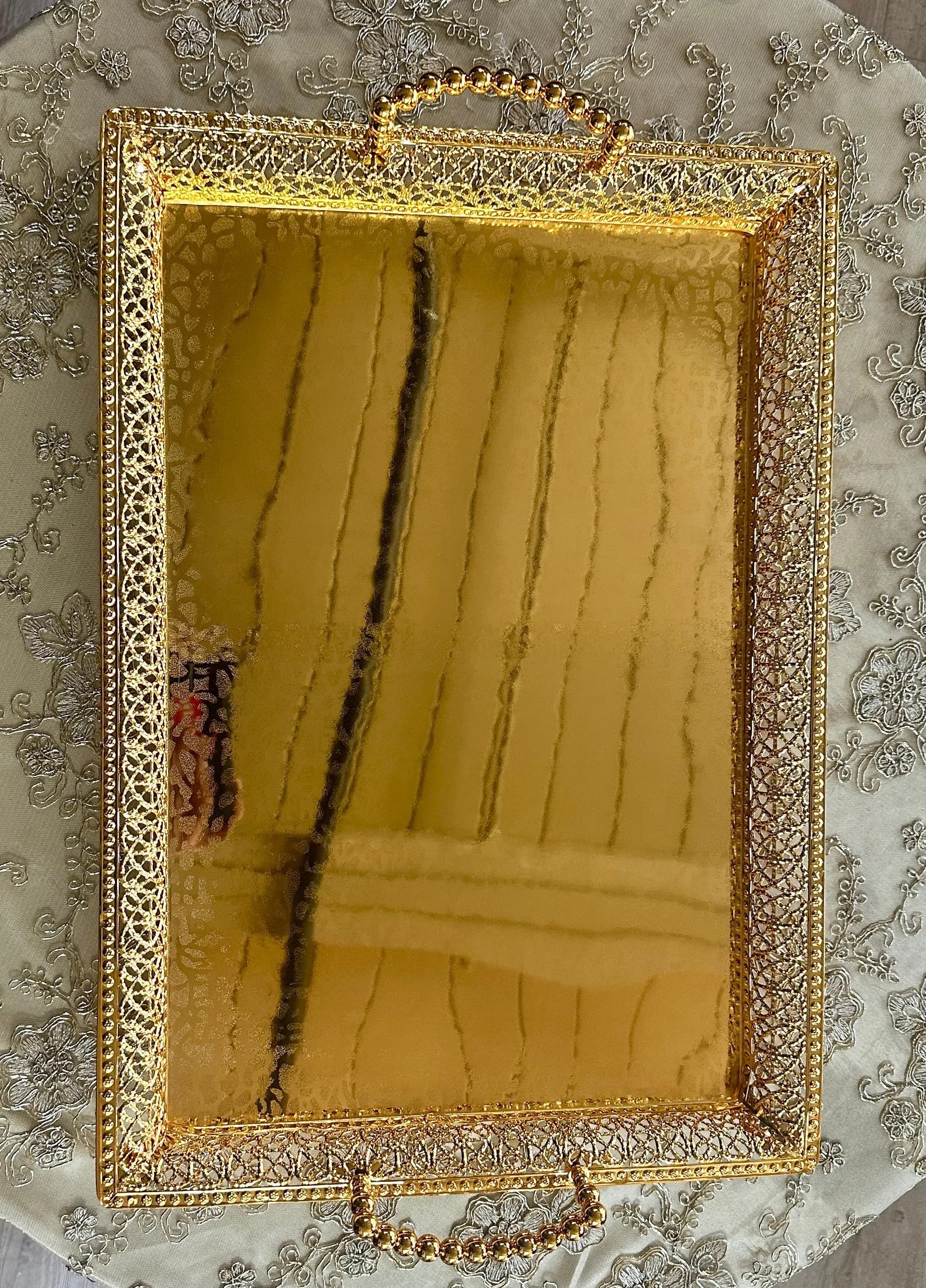Ornate Gold Filigree Serving Tray with Beaded Handles & Feet - Medium - image 5