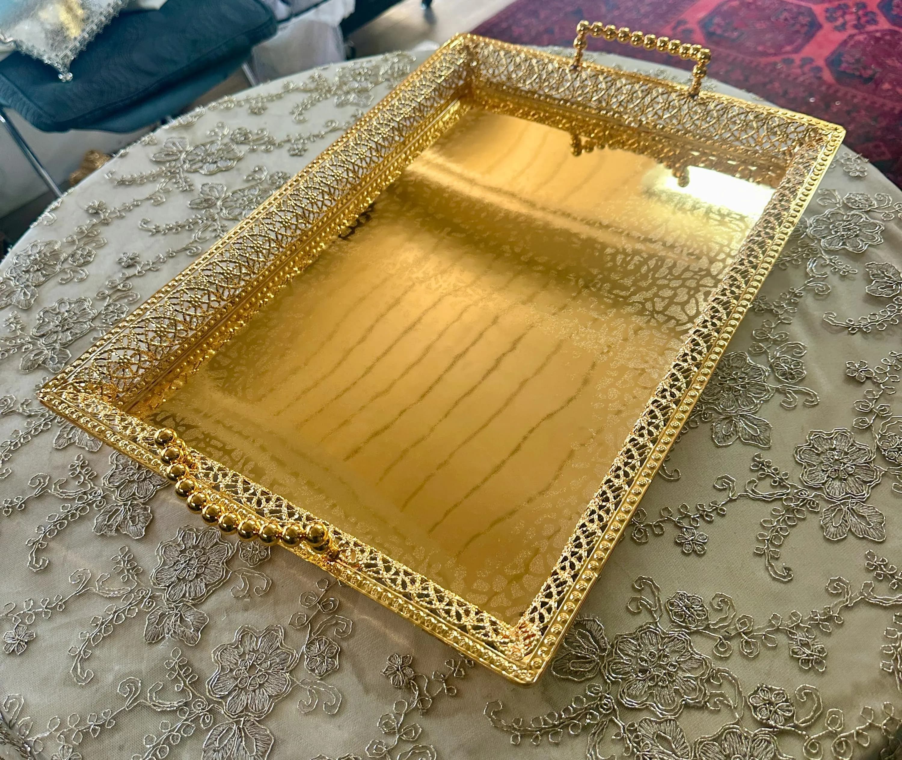 Ornate Gold Filigree Serving Tray with Beaded Handles & Feet - Medium - image 3