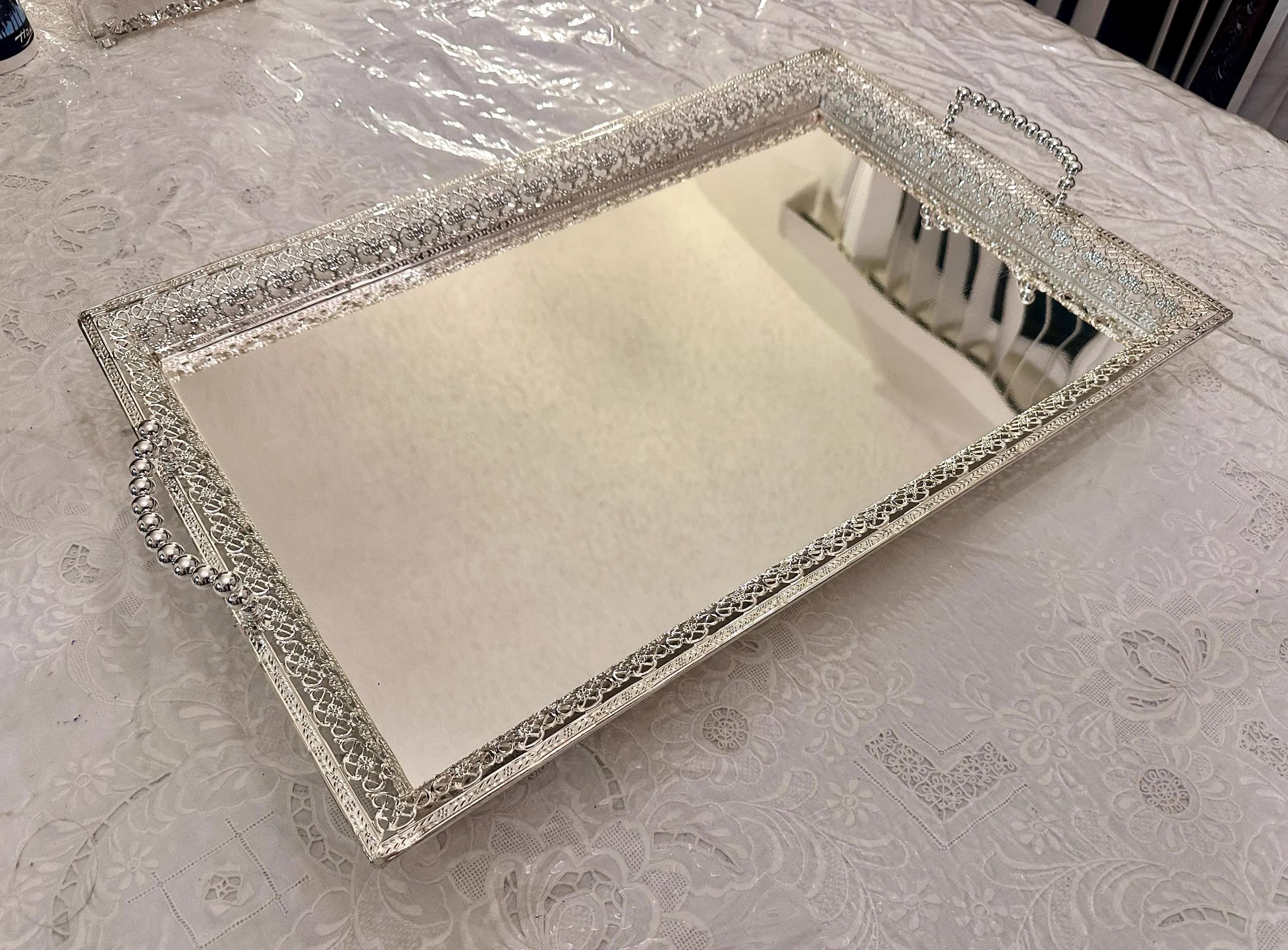 Ornate Silver Filigree Serving Tray with Beaded Handles & Feet - Medium - image 5