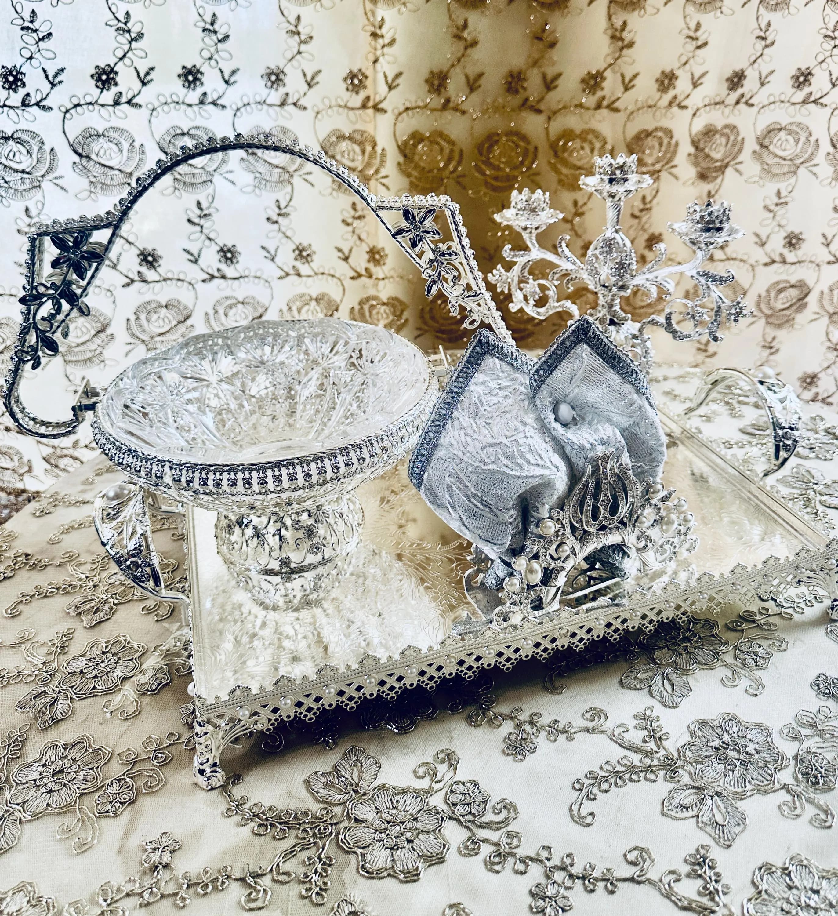 Small Silver Engraved Serving Tray with Pearl Handles & Feet - image 5
