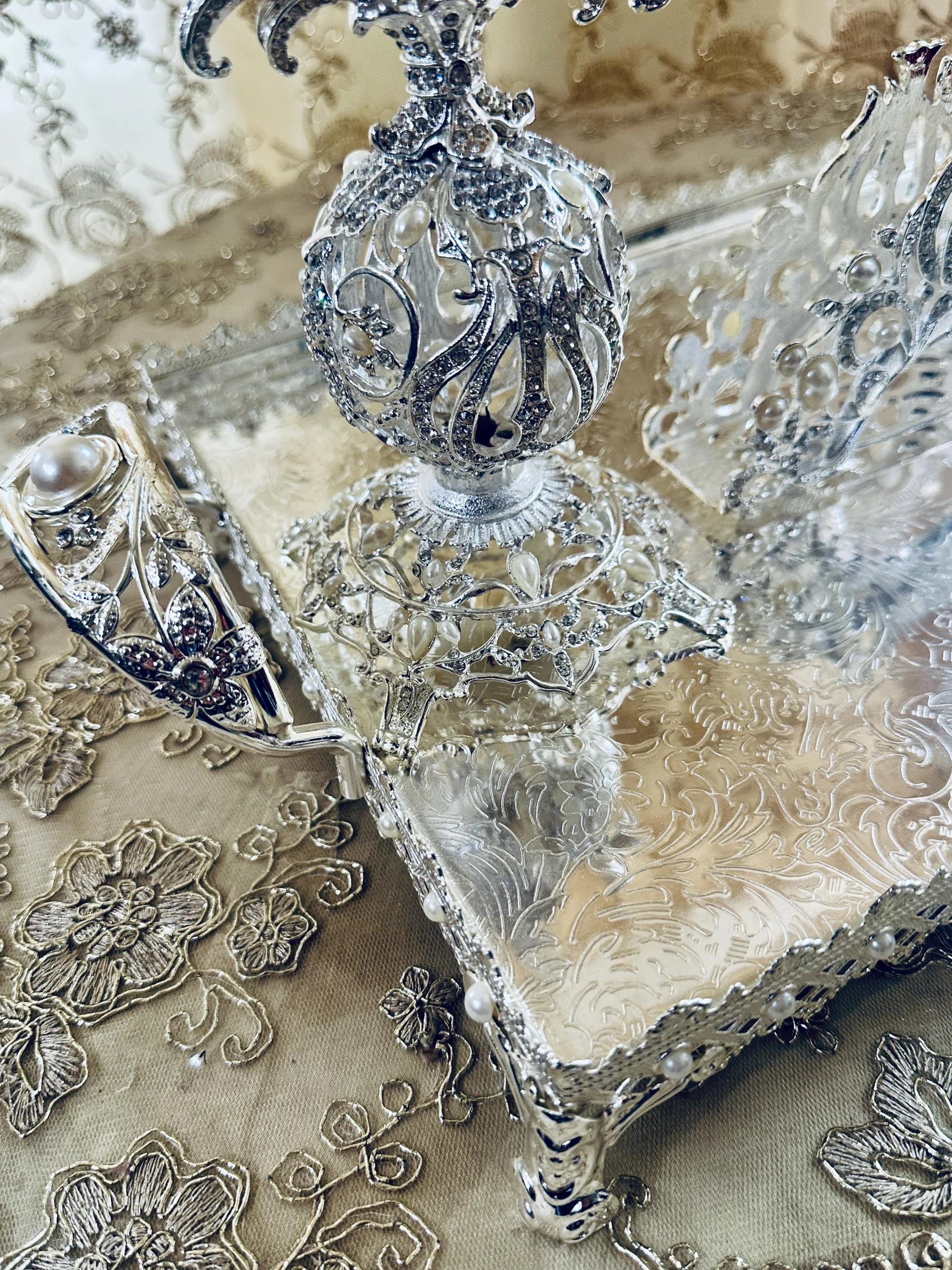 Small Silver Engraved Serving Tray with Pearl Handles & Feet - image 3