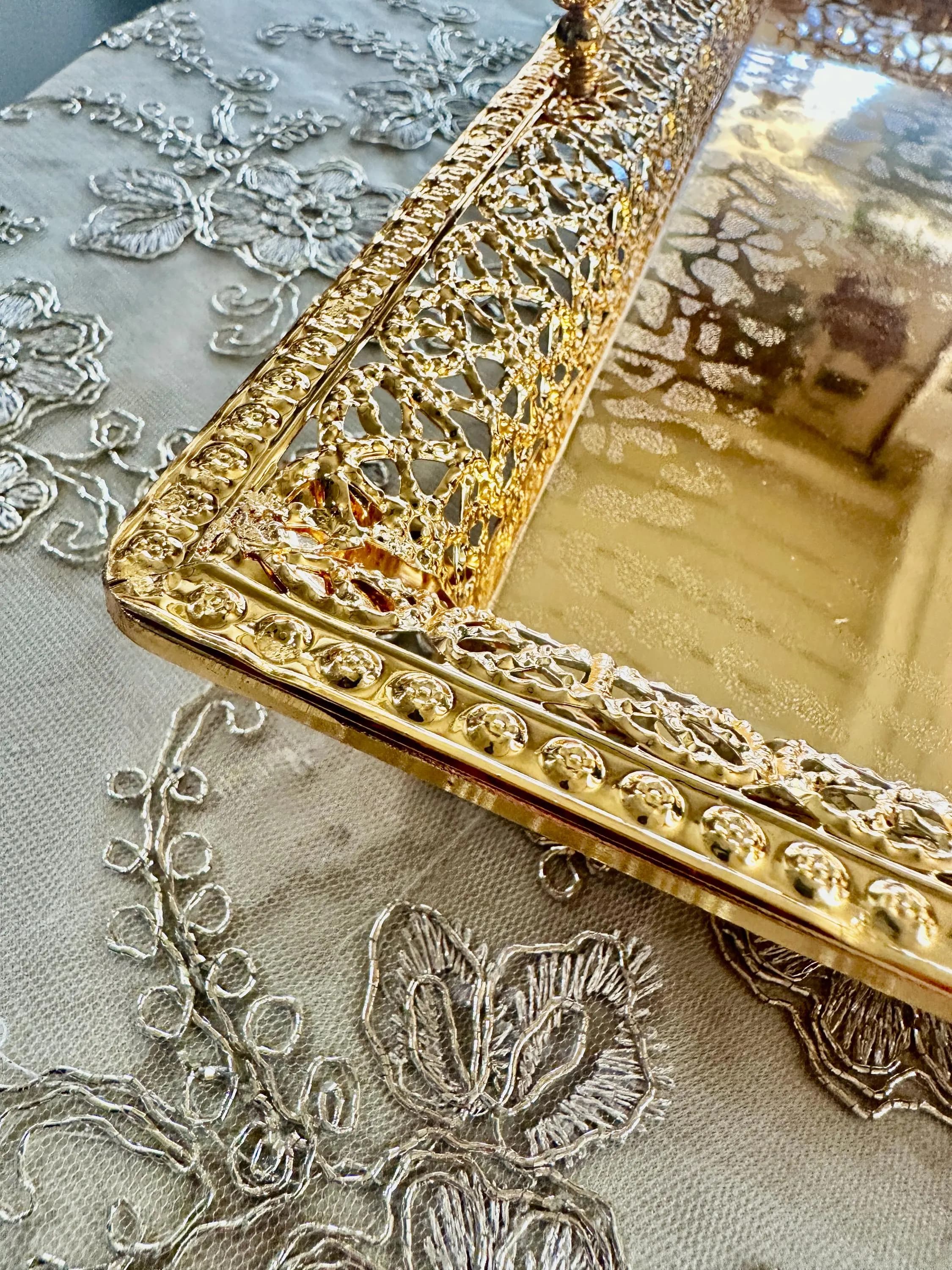 Ornate Gold Filigree Serving Tray with Beaded Handles & Feet - Medium - image 4