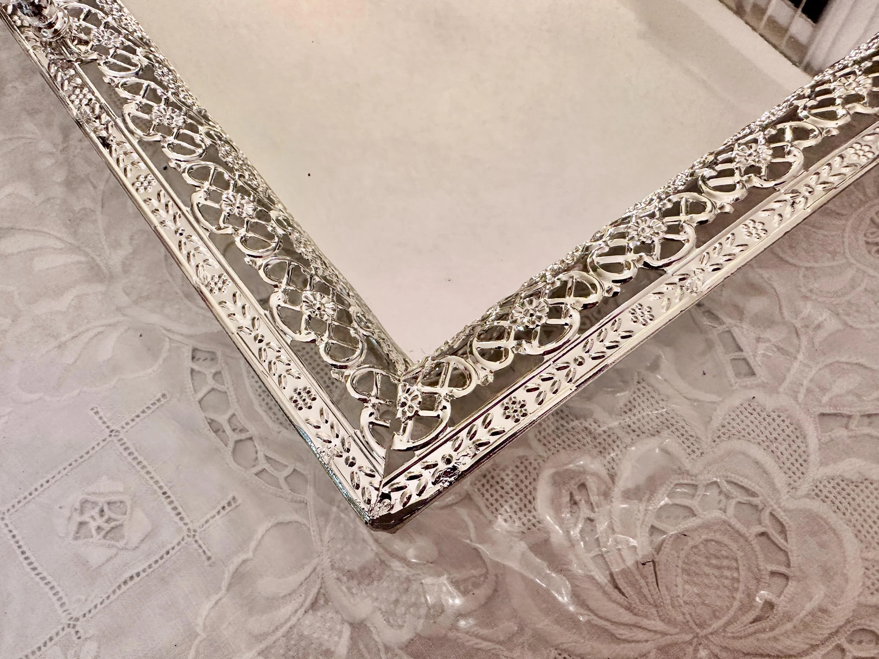 Ornate Silver Filigree Serving Tray with Beaded Handles & Feet - Medium - image 3