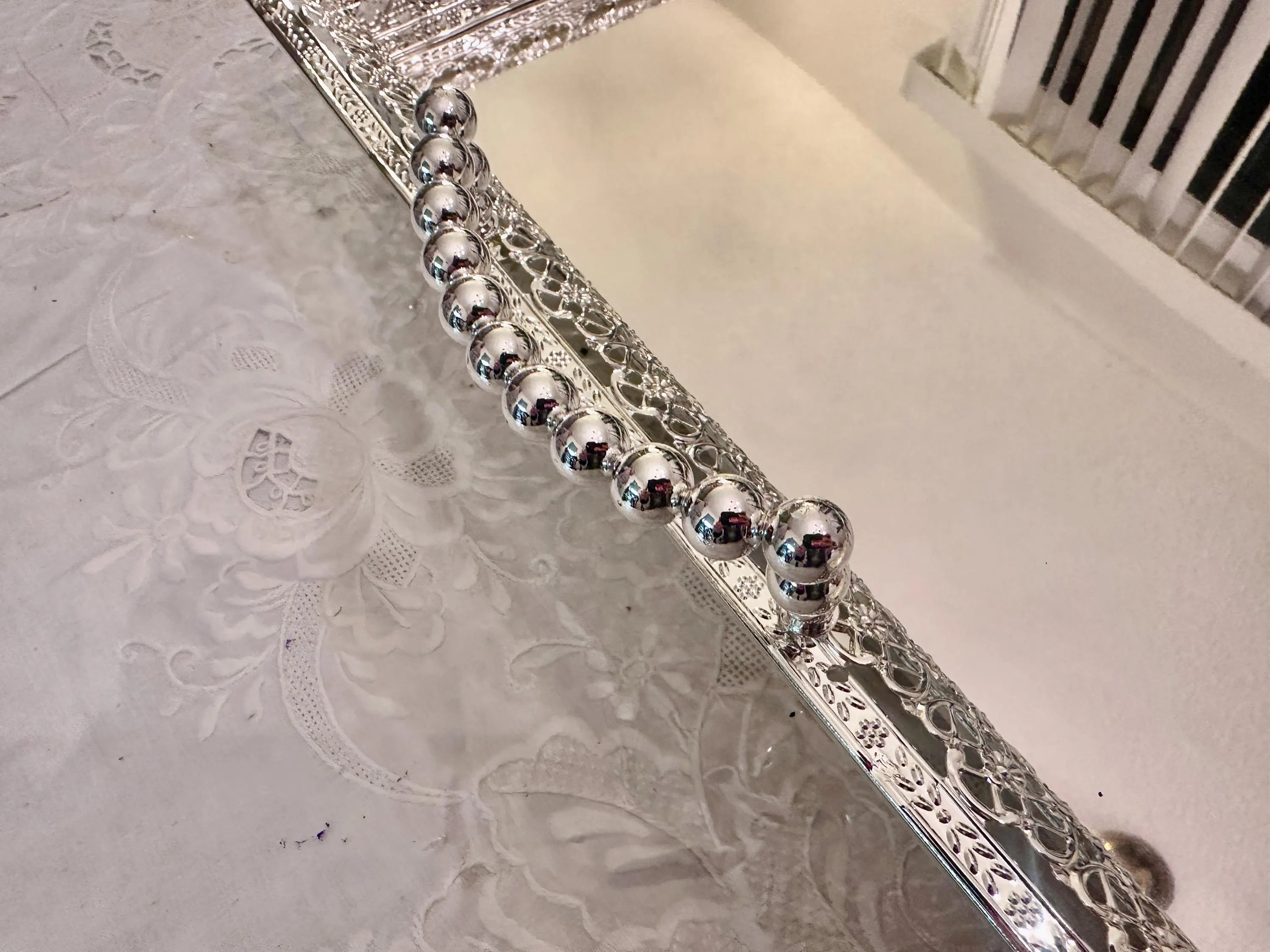 Ornate Silver Filigree Serving Tray with Beaded Handles & Feet - Medium - image 4