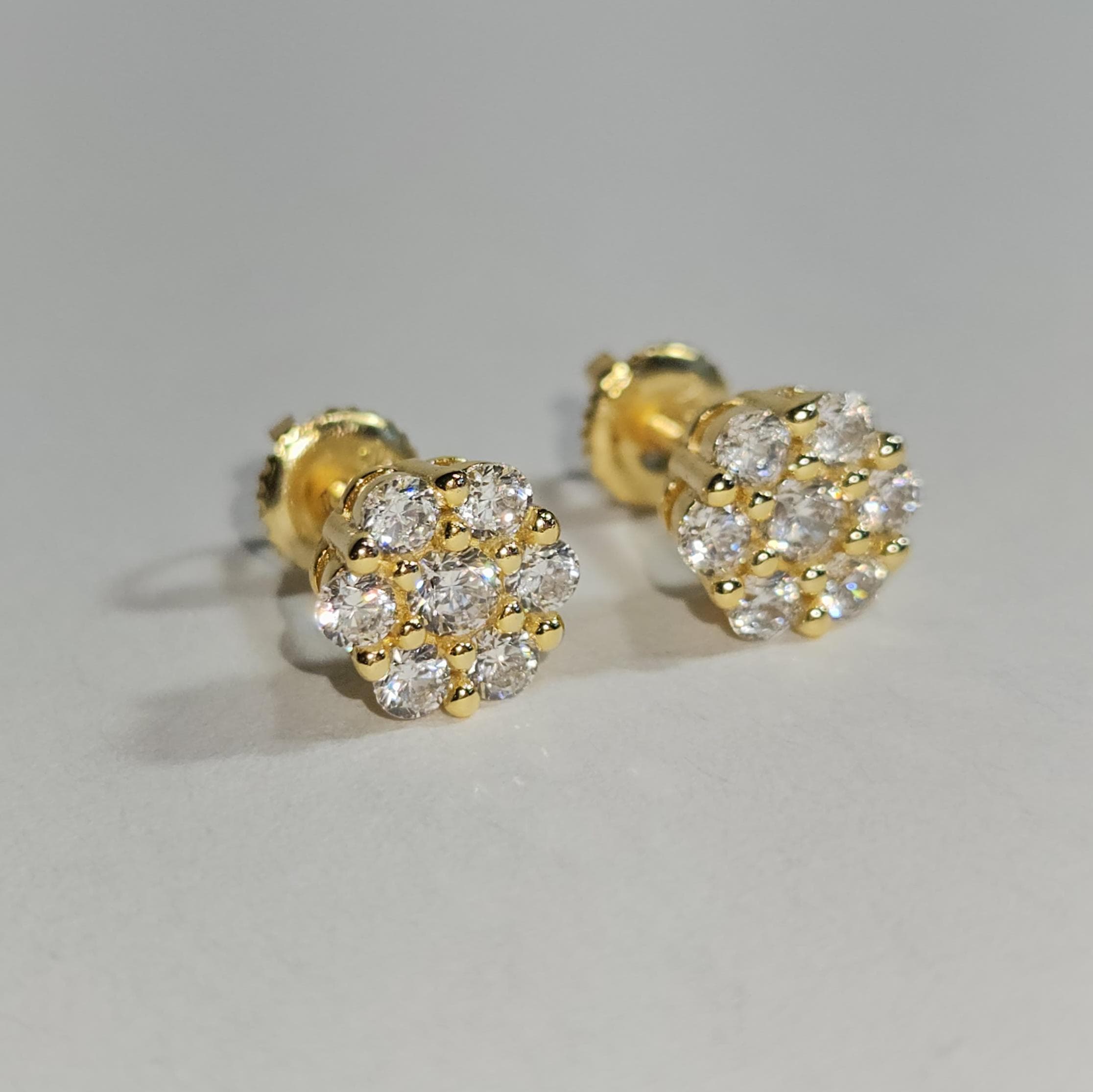 8mm 14k Gold Round Flower Stud Earrings - Sparkling CZ Men's Earring, Studs Screwback earrings, Men's jewelry, Flower Diamond Studs Earring - image 5