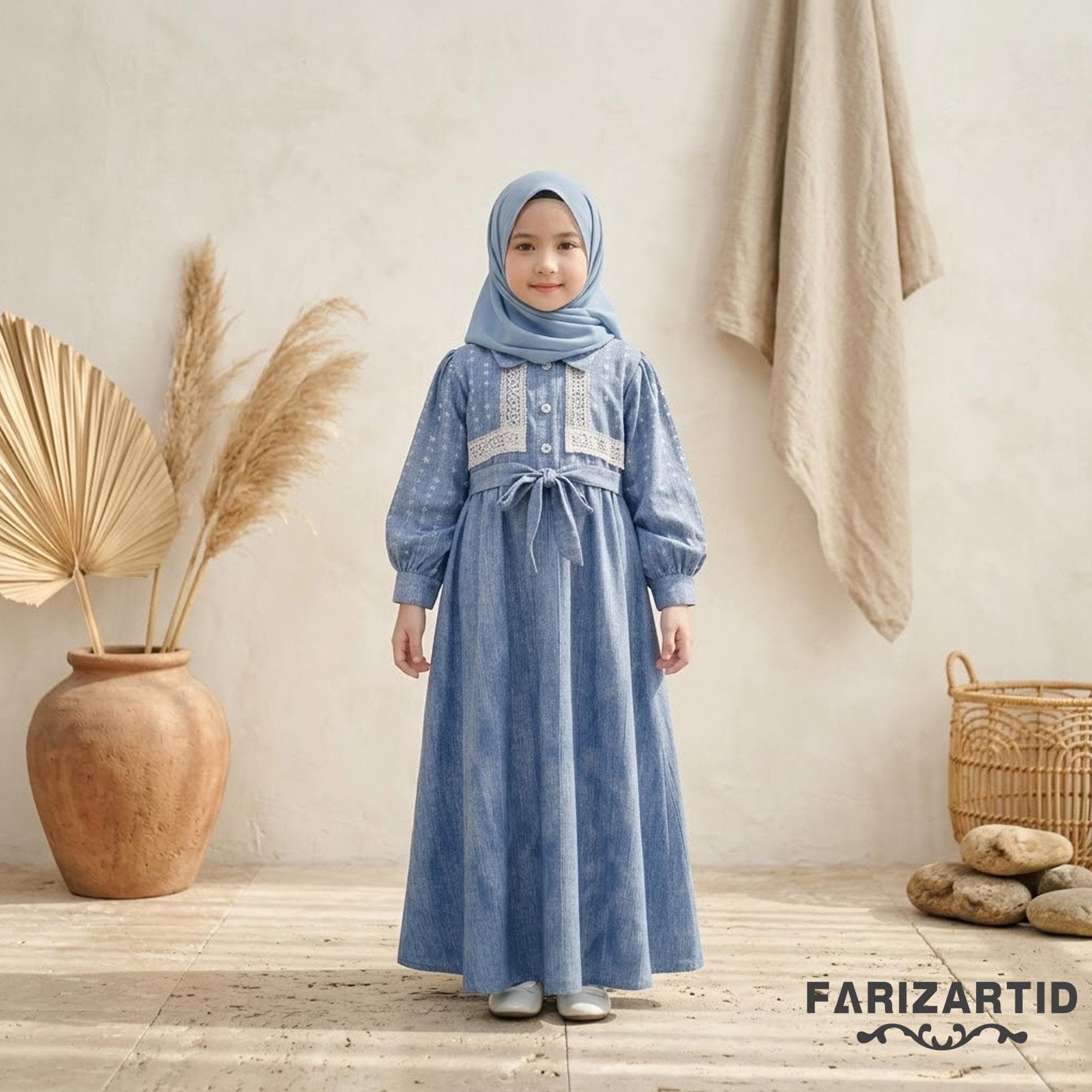 Girls Floral Denim Blue Gamis Crinkle Cotton Modest Dress