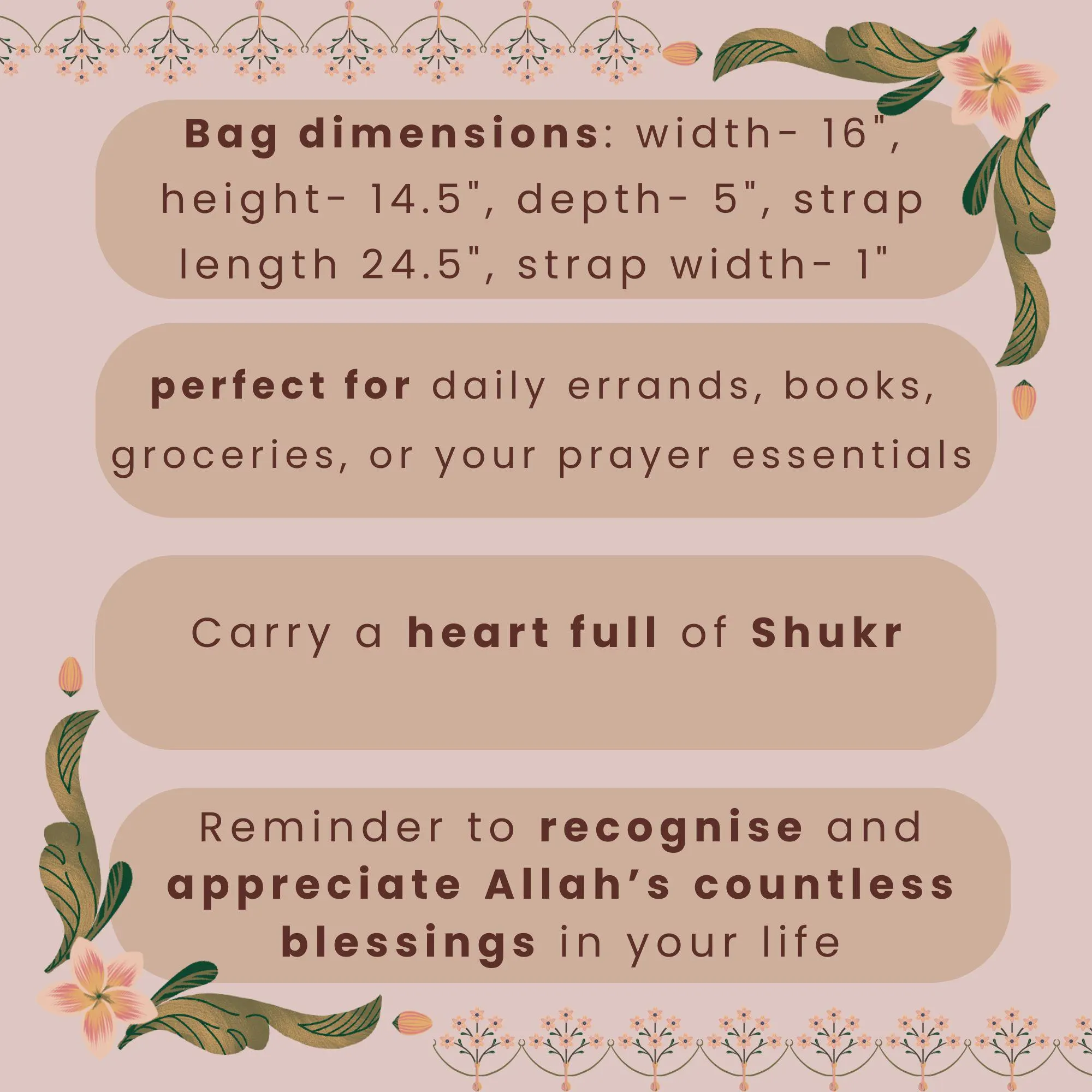 Shukr Tote bag, Brown Arabic Calligraphy canvas bag, Muslimah gift, Everyday essentials - image 4