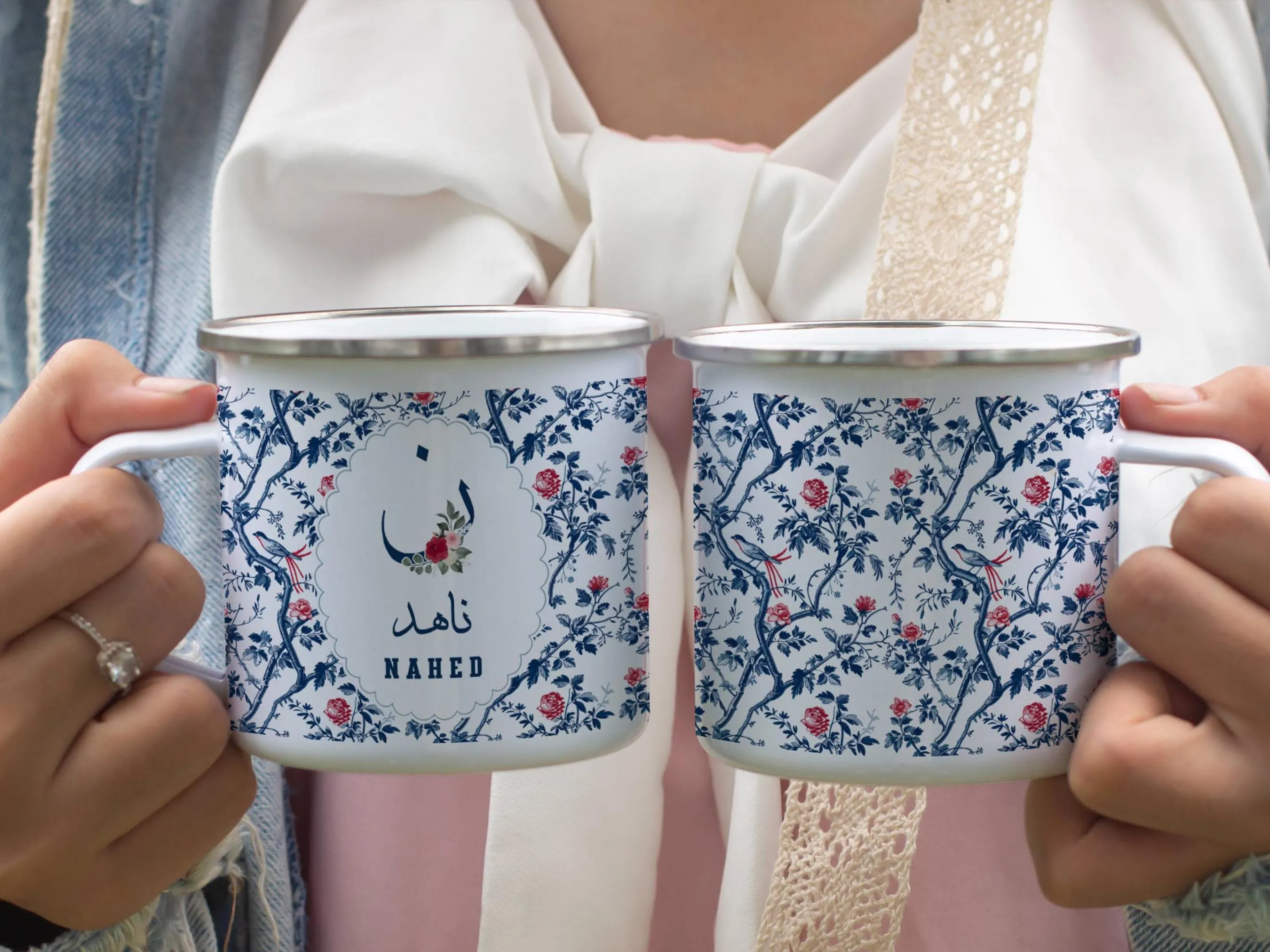 Personalized Arabic Name Kids Enamel Mug, Custom Muslim Child Cup, Blue Toile Camping Mug, Islamic Gift for Girl - image 3