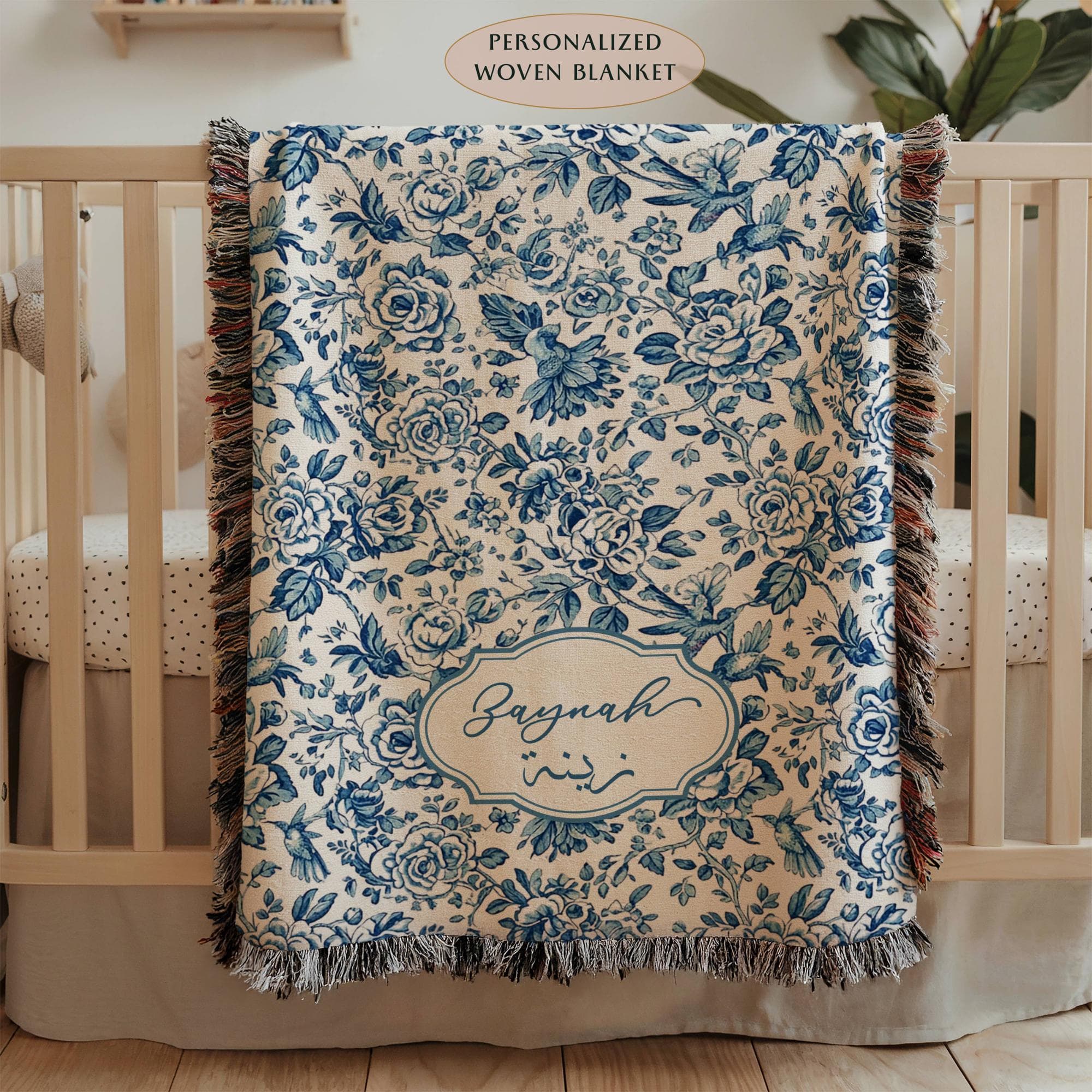 Personalized Arabic Name Toile Blanket, Custom Baby Name Woven Blanket, Nursery Keepsake Gift, Arabic & English Name, Baby Shower Gift