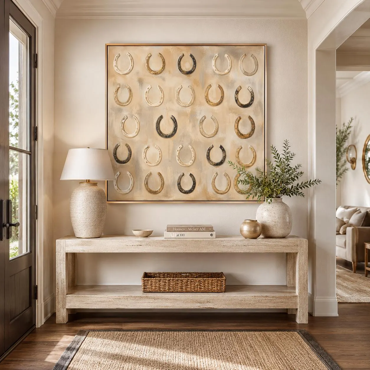 Hand-Painted Large Horseshoe Wall Art, Lucky Western Painting, Neutral Farmhouse Canvas, Textured Beige Equestrian Art, Ranch House Decor