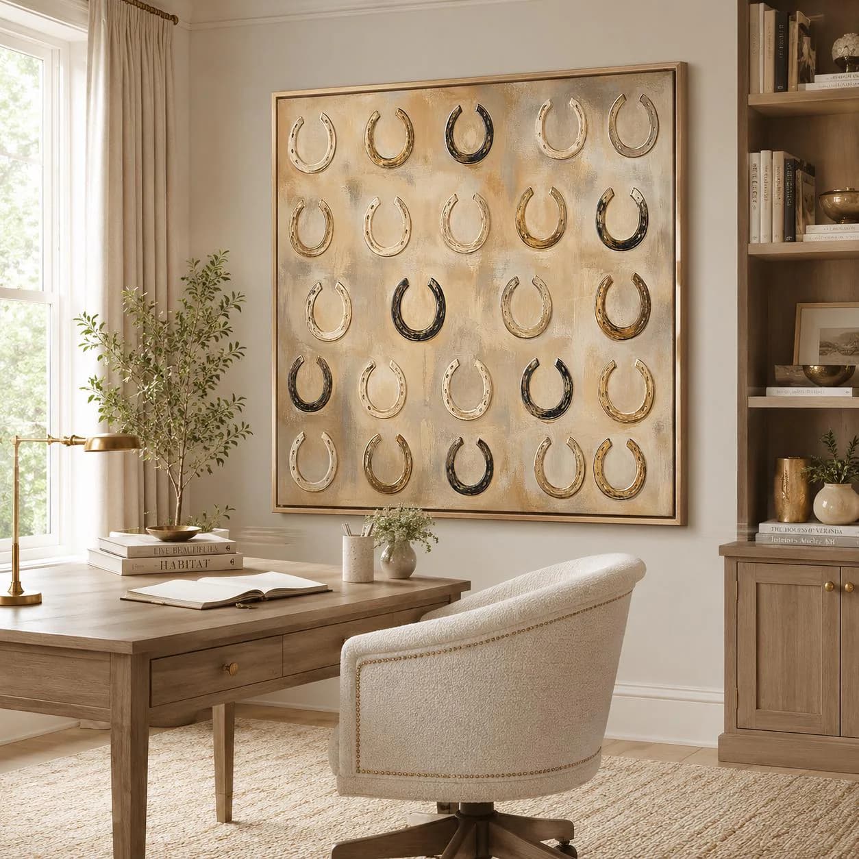 Hand-Painted Large Horseshoe Wall Art, Lucky Western Painting, Neutral Farmhouse Canvas, Textured Beige Equestrian Art, Ranch House Decor - image 3