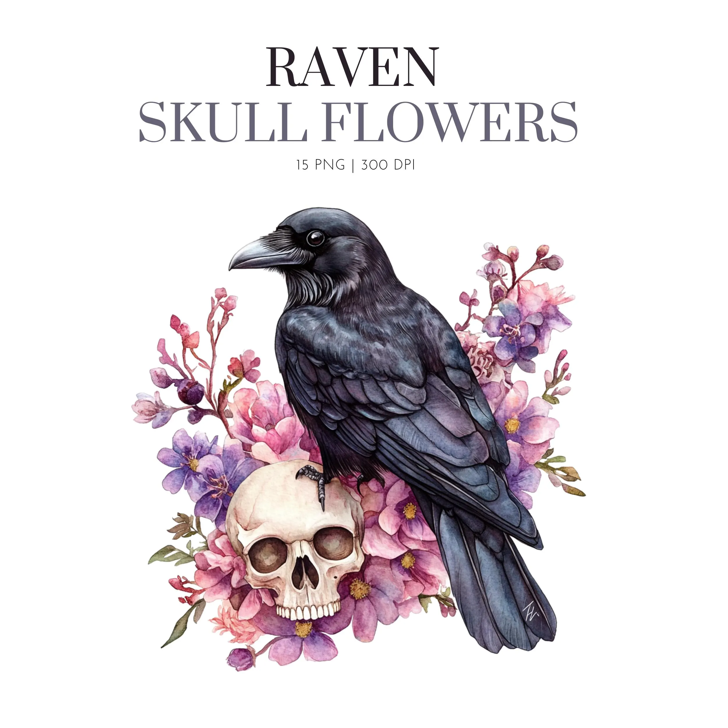 Raven skull floral, Gothic Ravens Watercolor Clipart, Mystic raven, Enigmatic witch bird, Raven bird,Raven floral,Raven skull,gothic clipart
