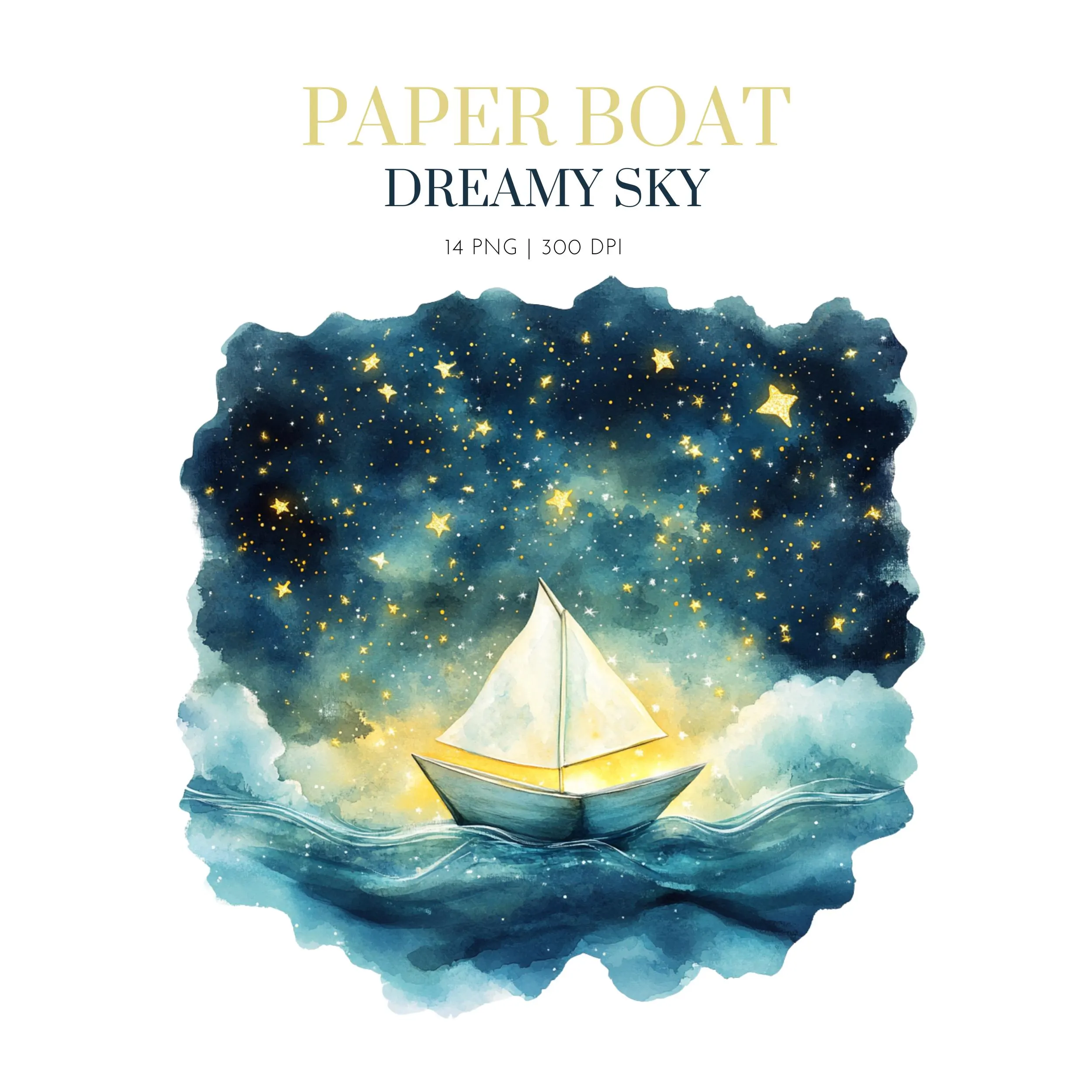 Watercolor Paper Boats, Dreamy paper Boats, Paper Boat clipart, paper boat origami, paper boat night Stars celestial, Paper boat design