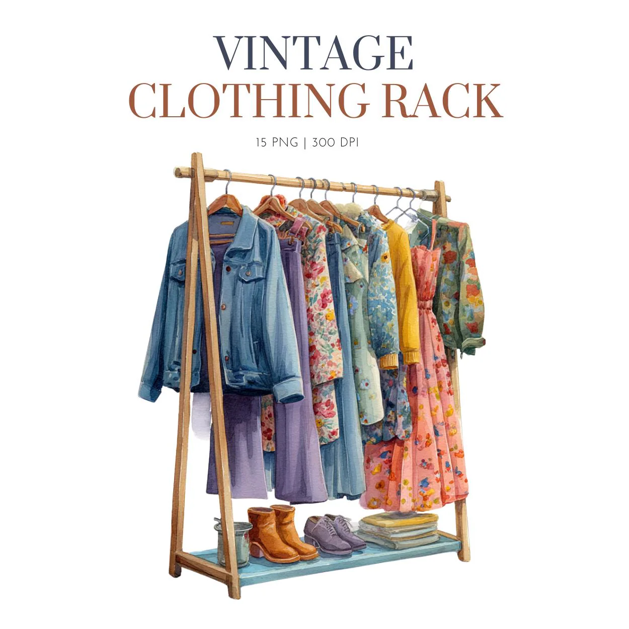 Vintage Clothing on rack clipart, Fashion Clothing Rack ,Vintage Clothing rack ,Watercolor Clothing Rack | Boho Clothing Rack,Clothing Rack