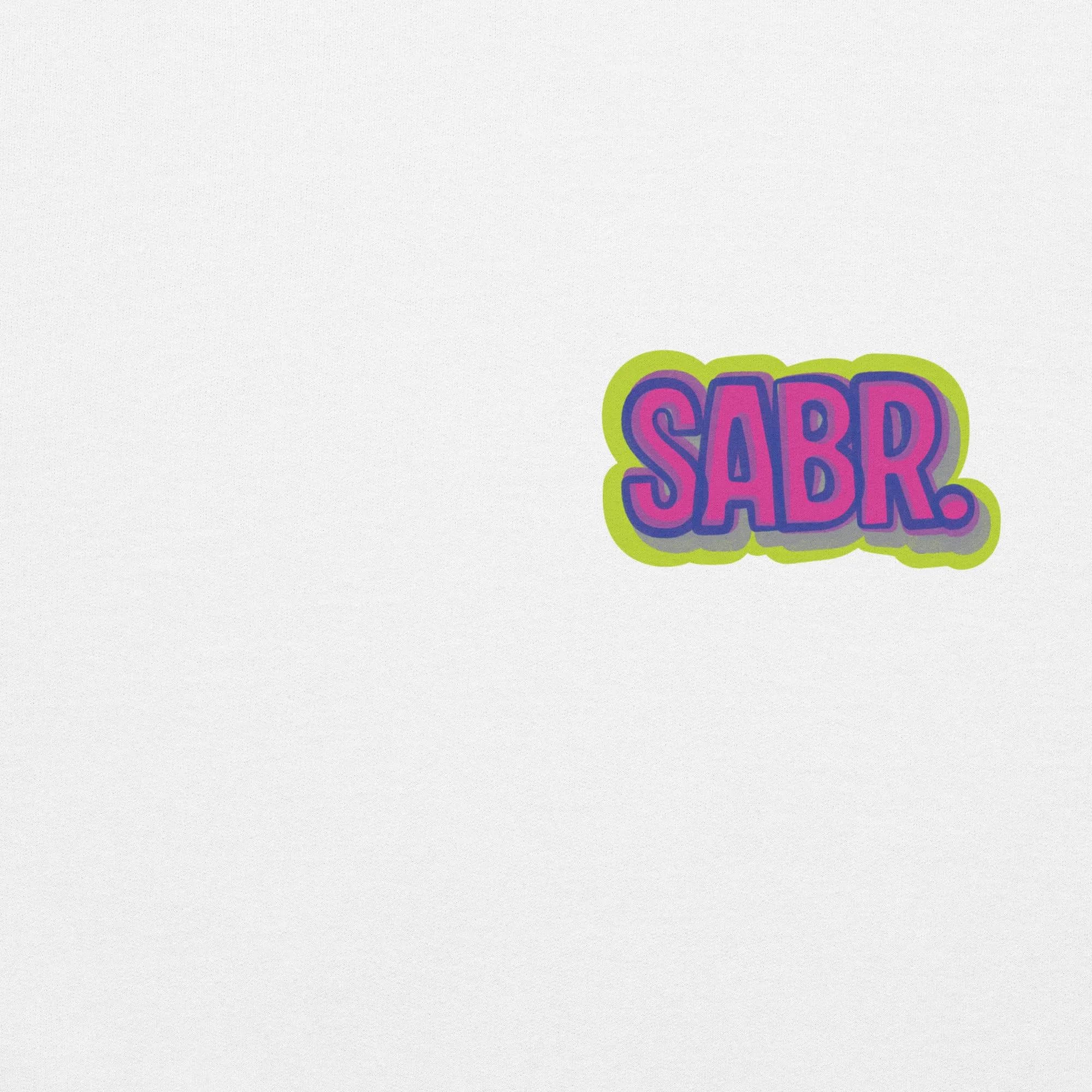 Sabr text in all caps, in pink purple with lime green thick outline.