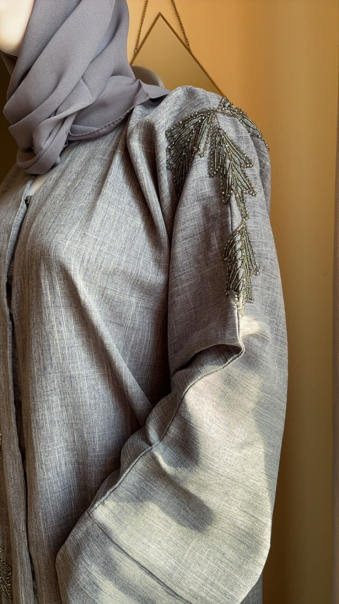 Blue Embellished Linen Abaya Dress with Matching Hijab, Buttoned Abaya set, Pearl Abaya, Eid Outfit, Ramadan - image 4
