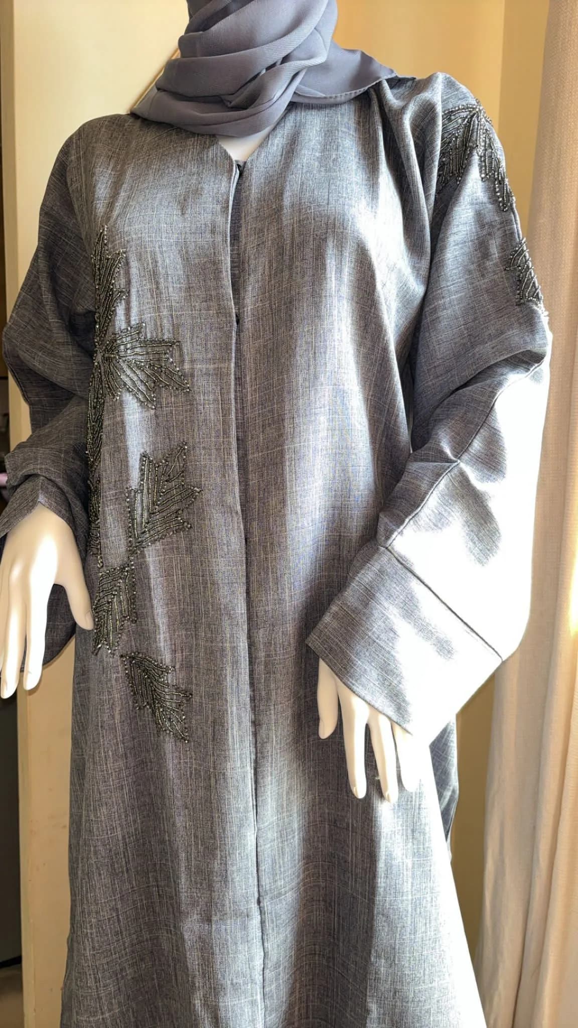 Blue Embellished Linen Abaya Dress with Matching Hijab, Buttoned Abaya set, Pearl Abaya, Eid Outfit, Ramadan