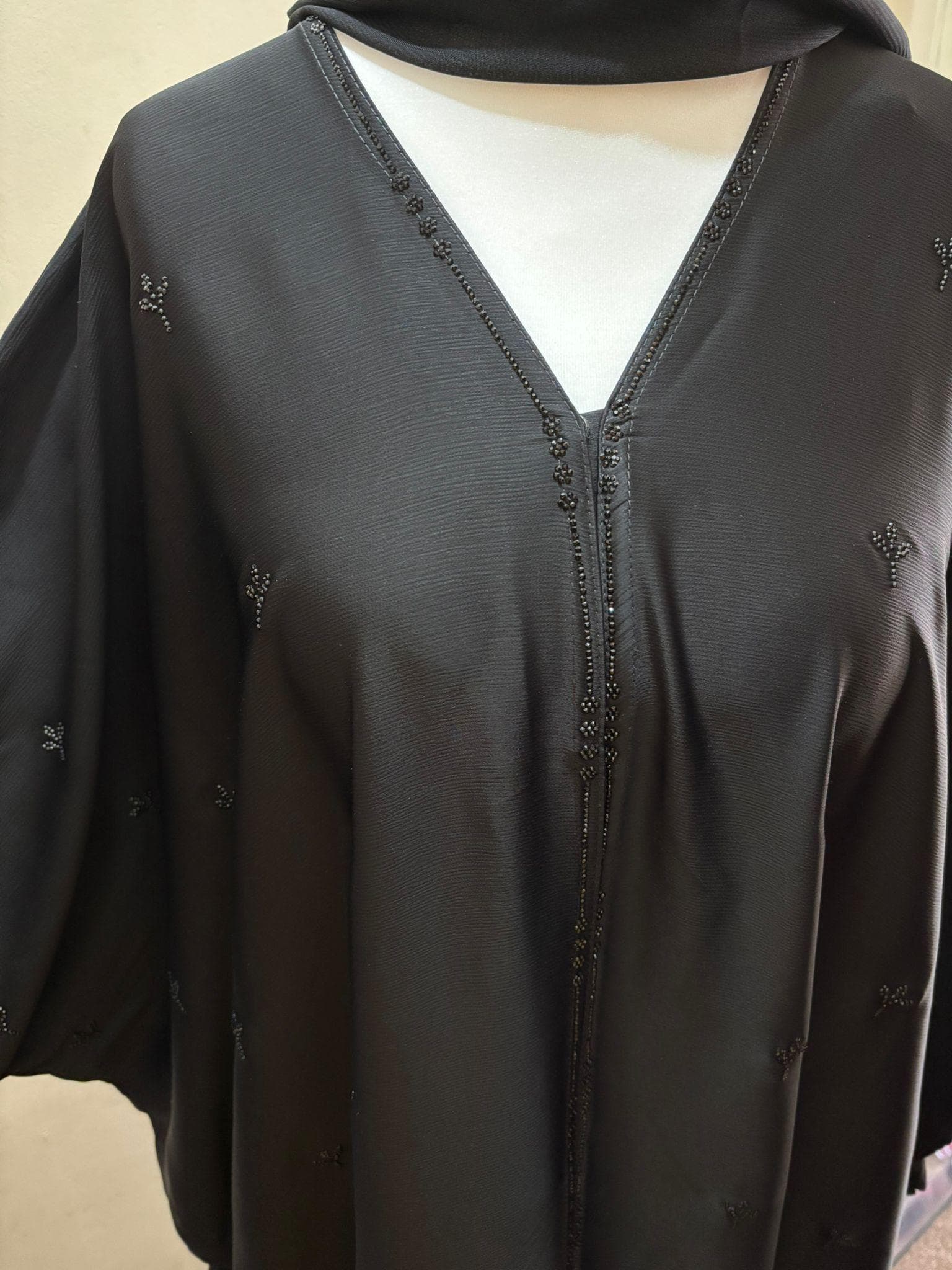 Black Beaded Farasha Abaya Front Open with Buttons and Matching Scarf, Luxury Batwing Dubai Abaya for Eid, Wedding, Modest Occasion Wear - image 3