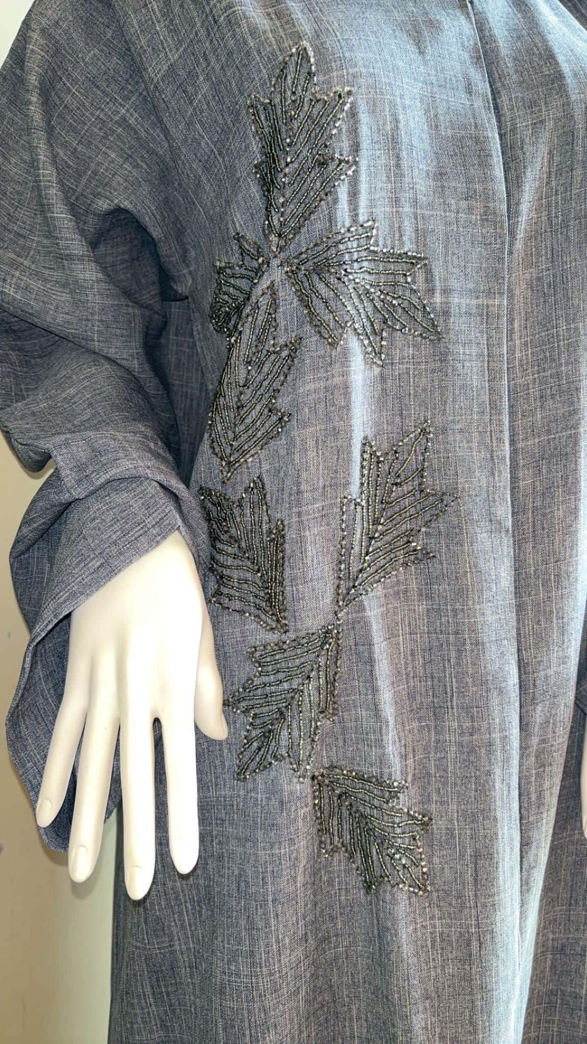 Blue Embellished Linen Abaya Dress with Matching Hijab, Buttoned Abaya set, Pearl Abaya, Eid Outfit, Ramadan - image 2