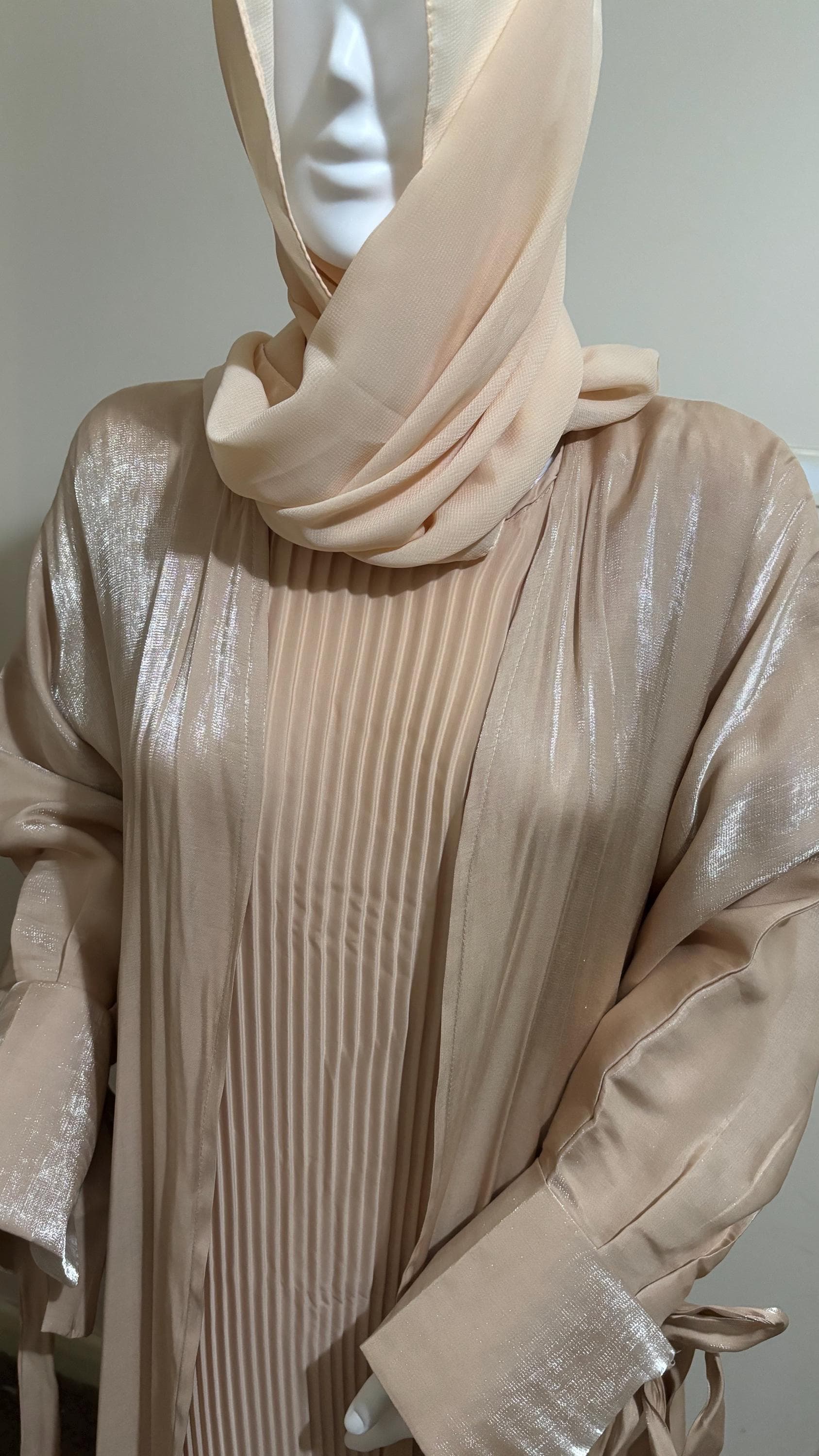 Apricot Shimmer Abaya Set, Pleated Slip Dress, Hijab, Belt - image 5