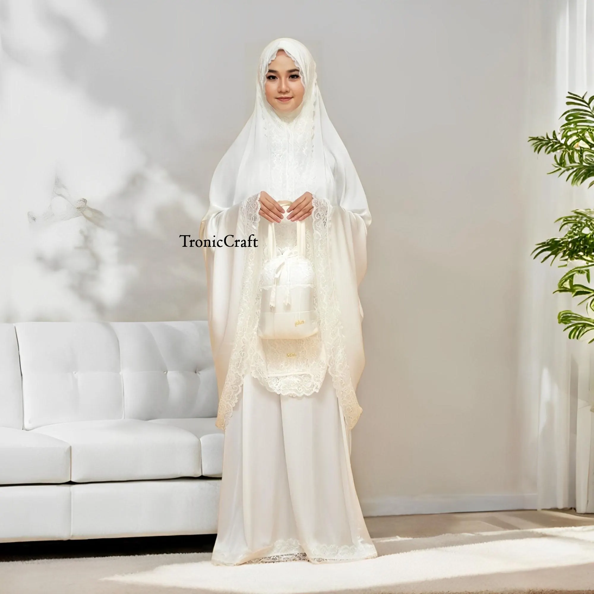 Meisya Daily Mukena White Premium Silk Lace Elegant and Comfortable,Mukena,Muslim Prayer Dress,Muslim Prayer Attire,Prayer Outfit