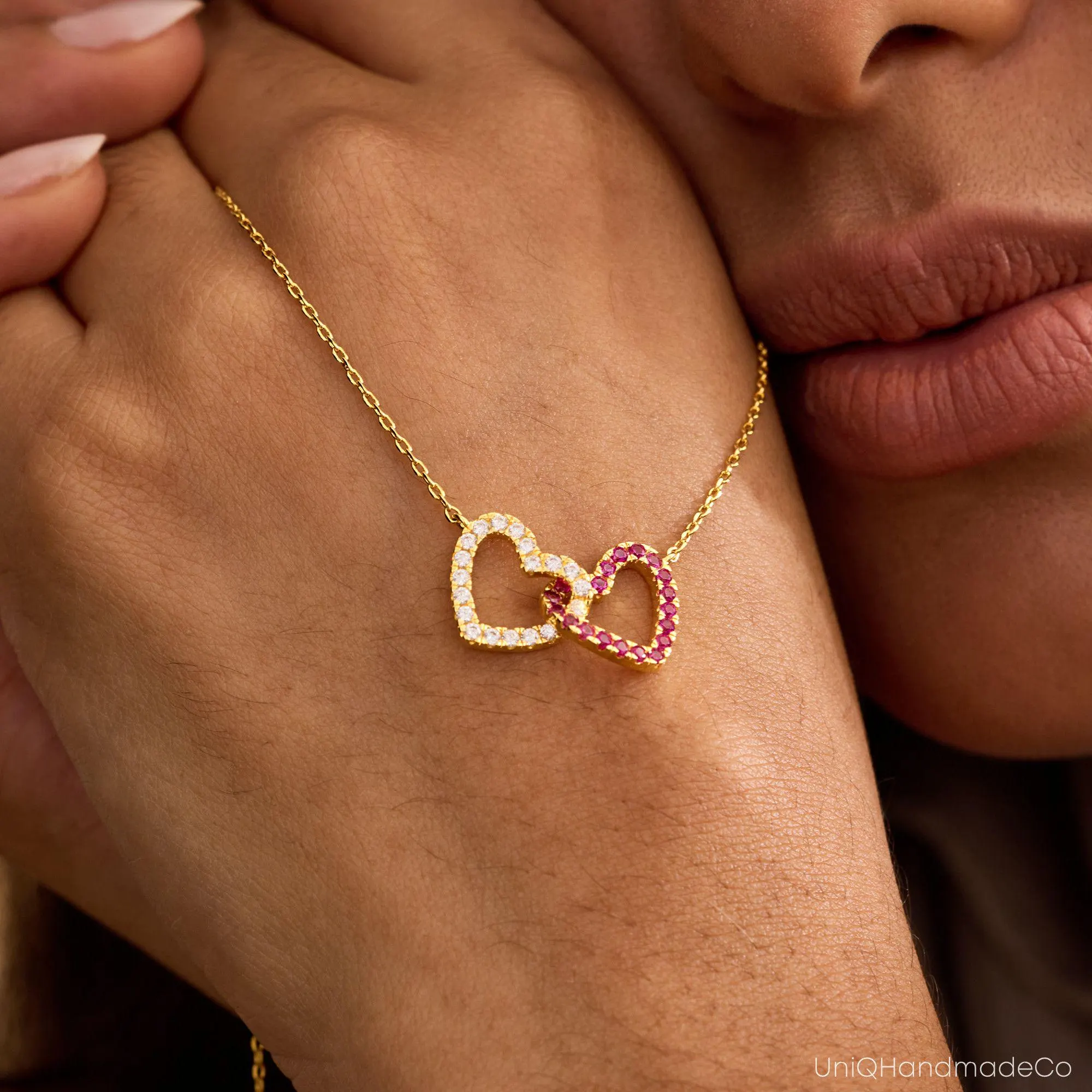 Personalised Birthstone Heart Necklace, Interlocking Heart Necklace, Mother and Daughter Necklace, Womens Necklace, Christmas Gift for Her