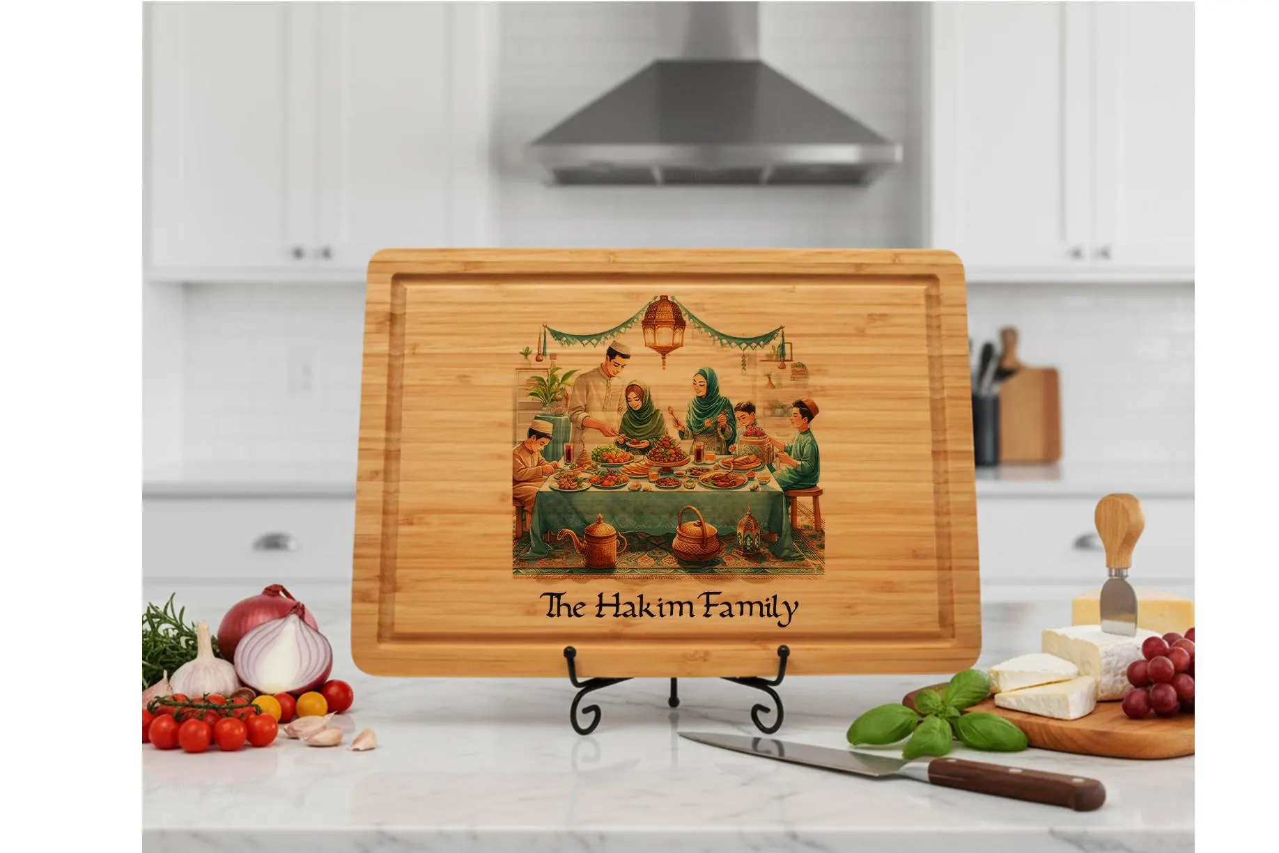 May include: A rectangular bamboo cutting board with a decorative image of a family gathered around a table. The image is centered on the board, with the text "The Hakim Family" below. The board is displayed on a black metal stand.