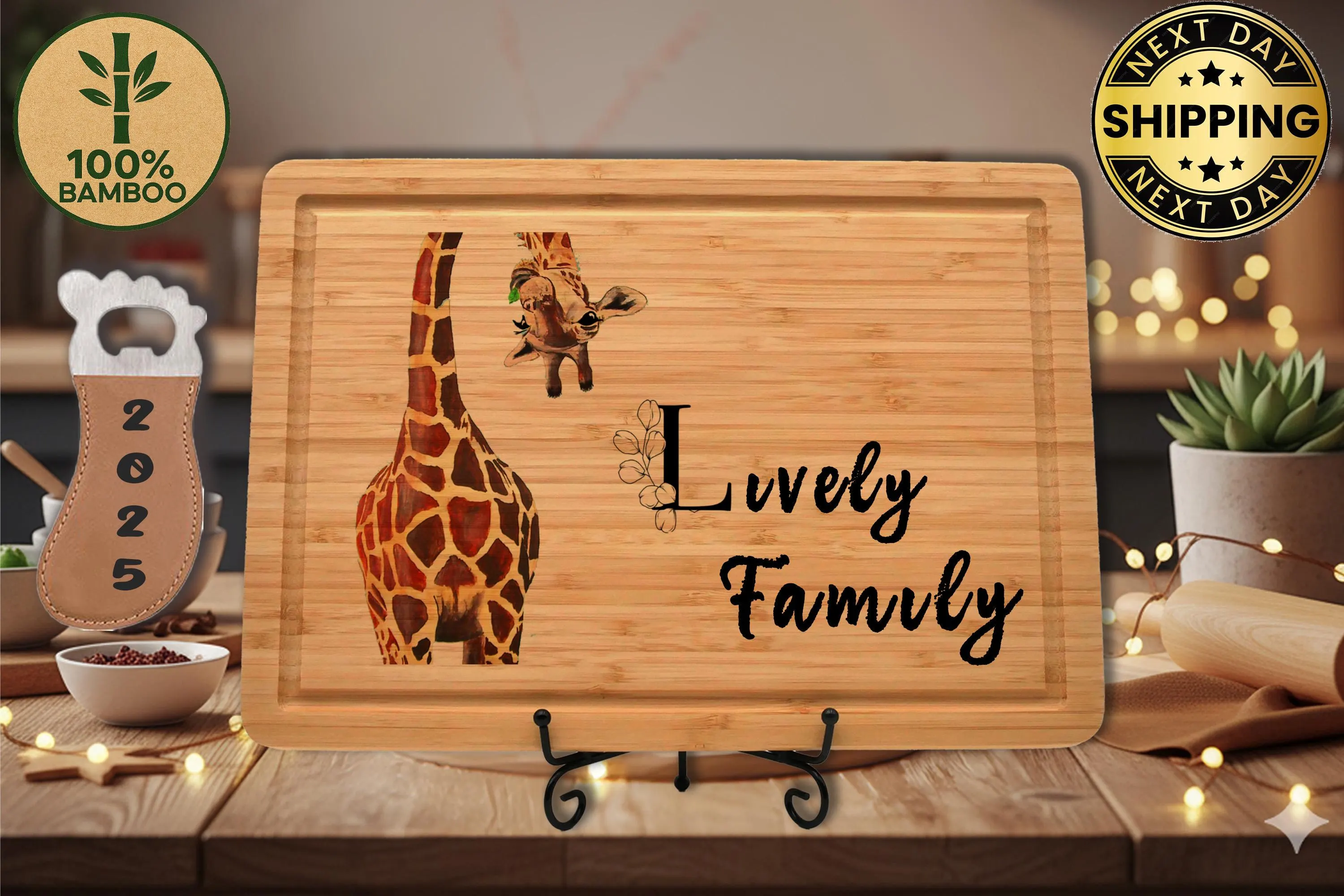 Floral Giraffe Bamboo Cutting Board: Animal Lover Kitchen Decor
