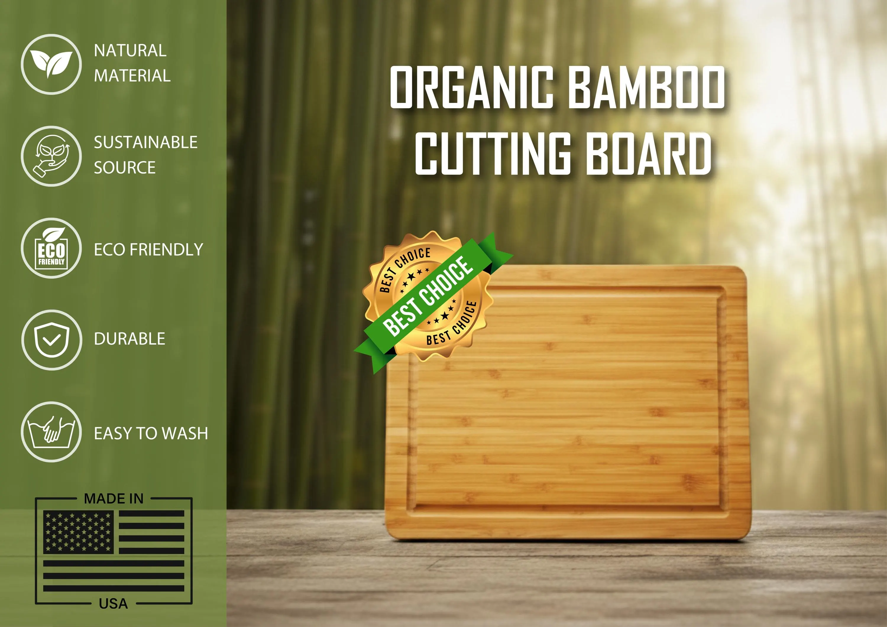 a bamboo cutting board with a label on it