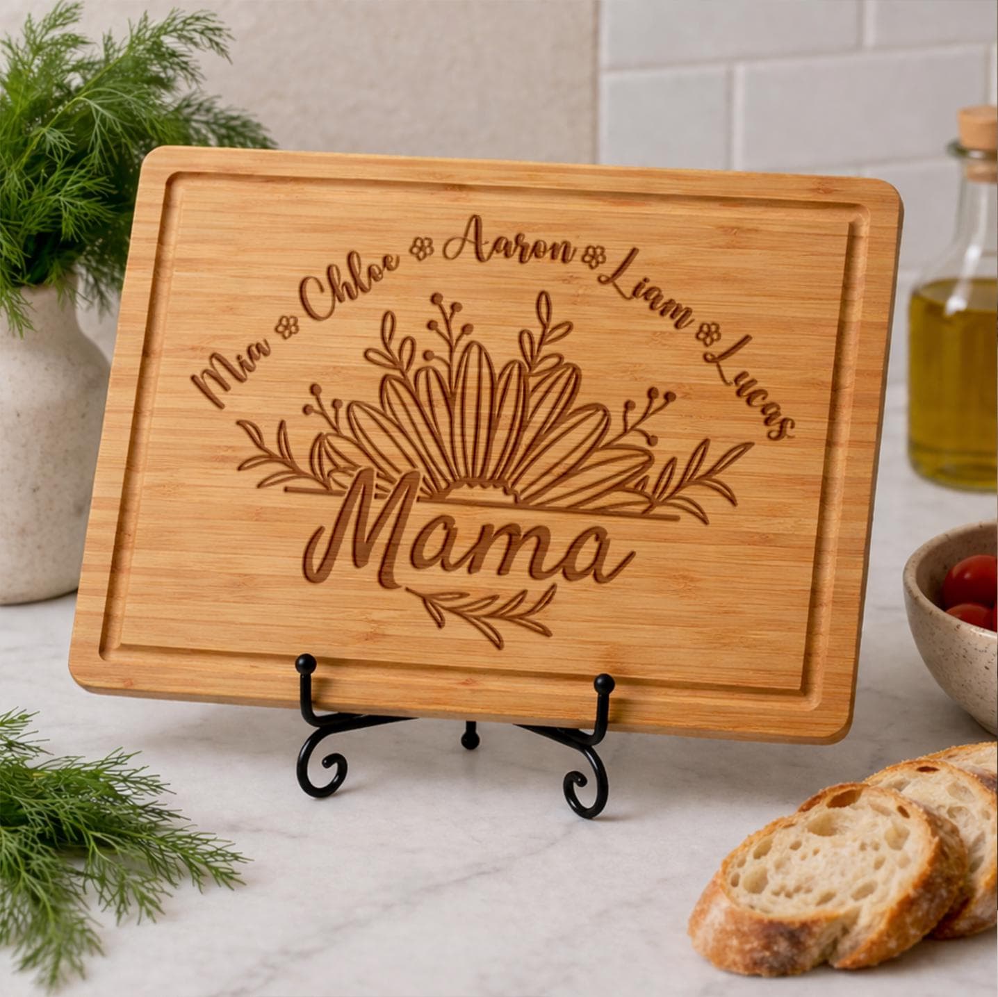Personalized Floral Mom Bamboo Cutting Board, Custom Engraved Mothers Day Board Gift from Child - image 3