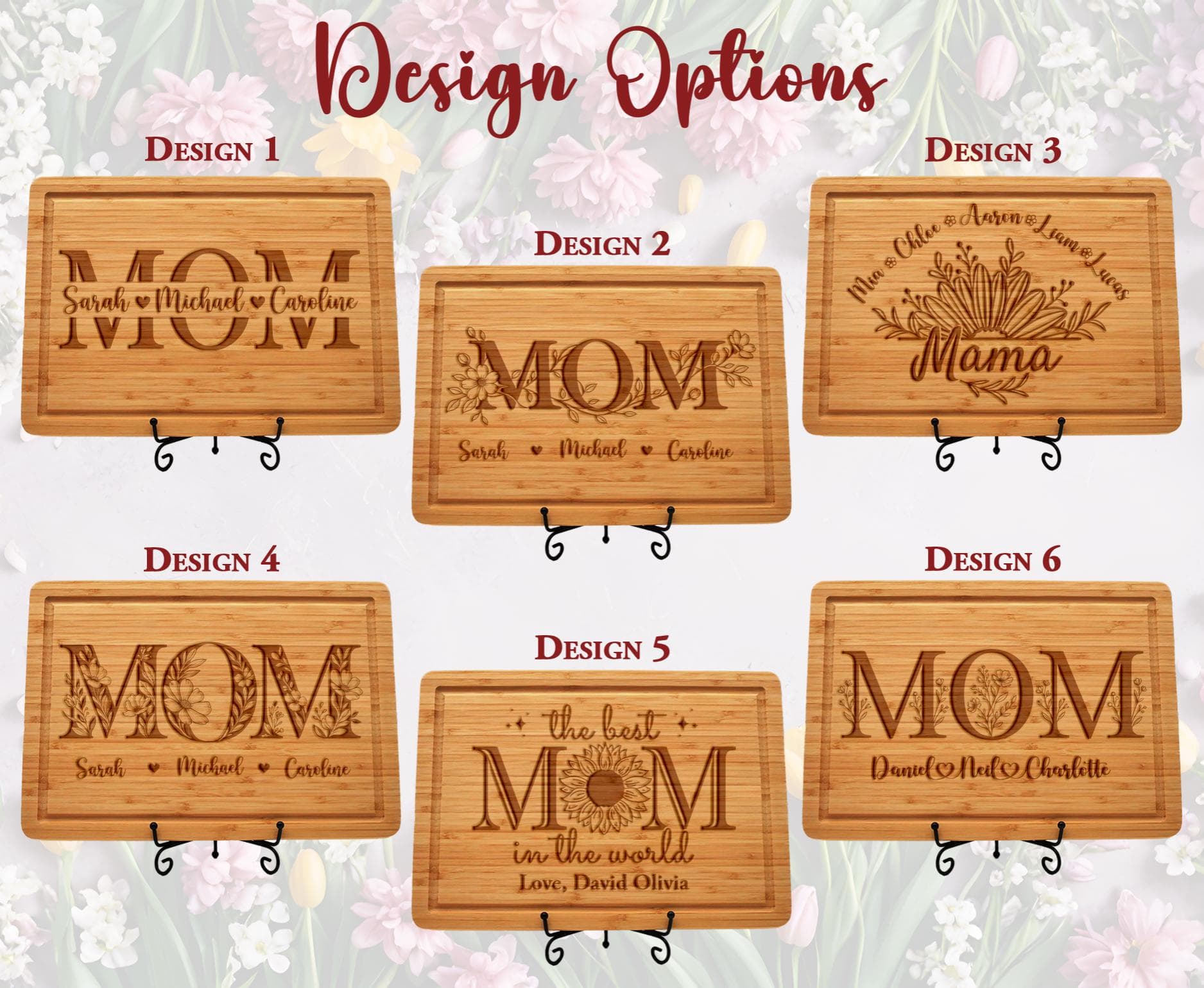 Personalized Floral Mom Bamboo Cutting Board, Custom Engraved Mothers Day Board Gift from Child - image 5