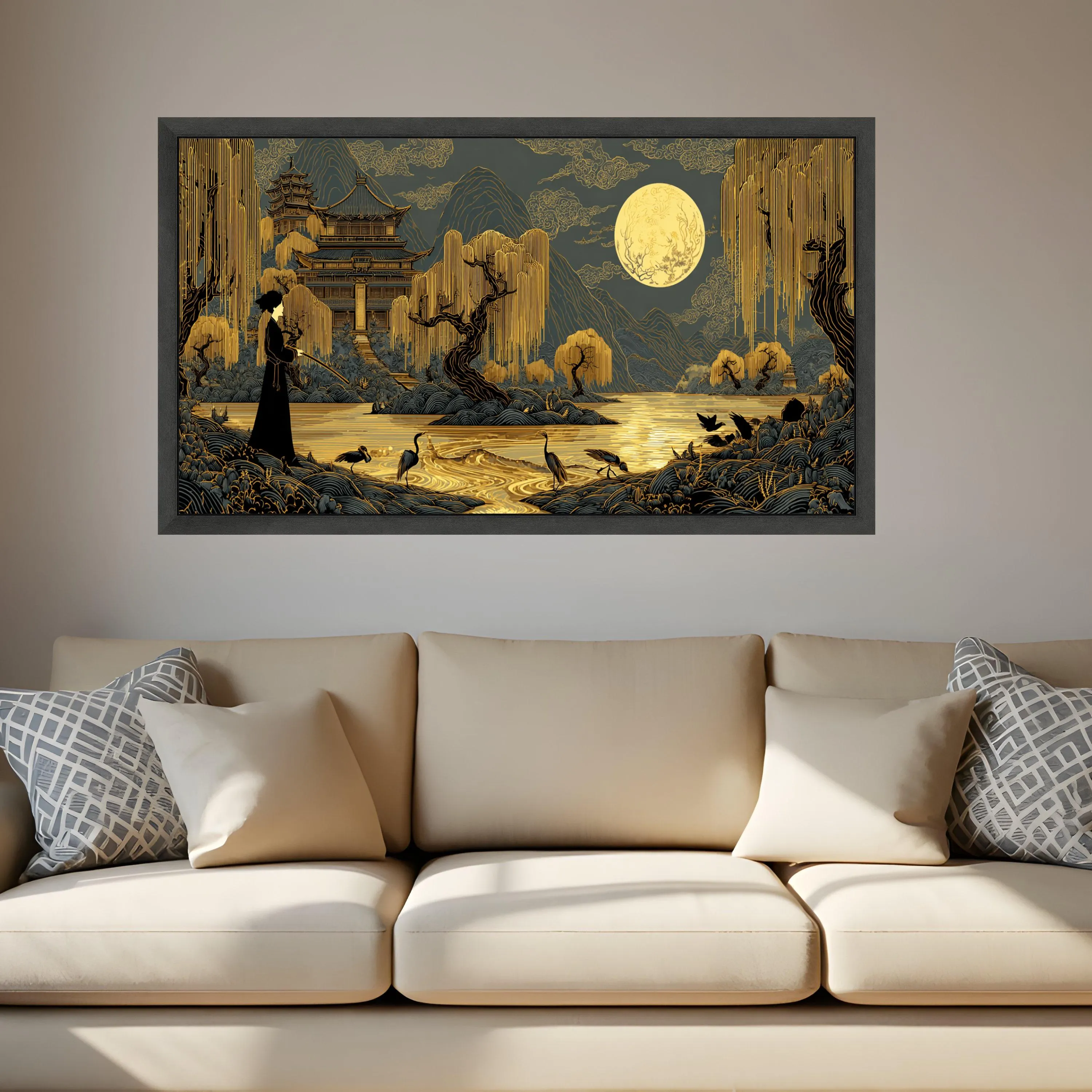 Golden Moonlit Japanese Landscape Canvas, Serene Pagoda Willow Crane Art - image 4