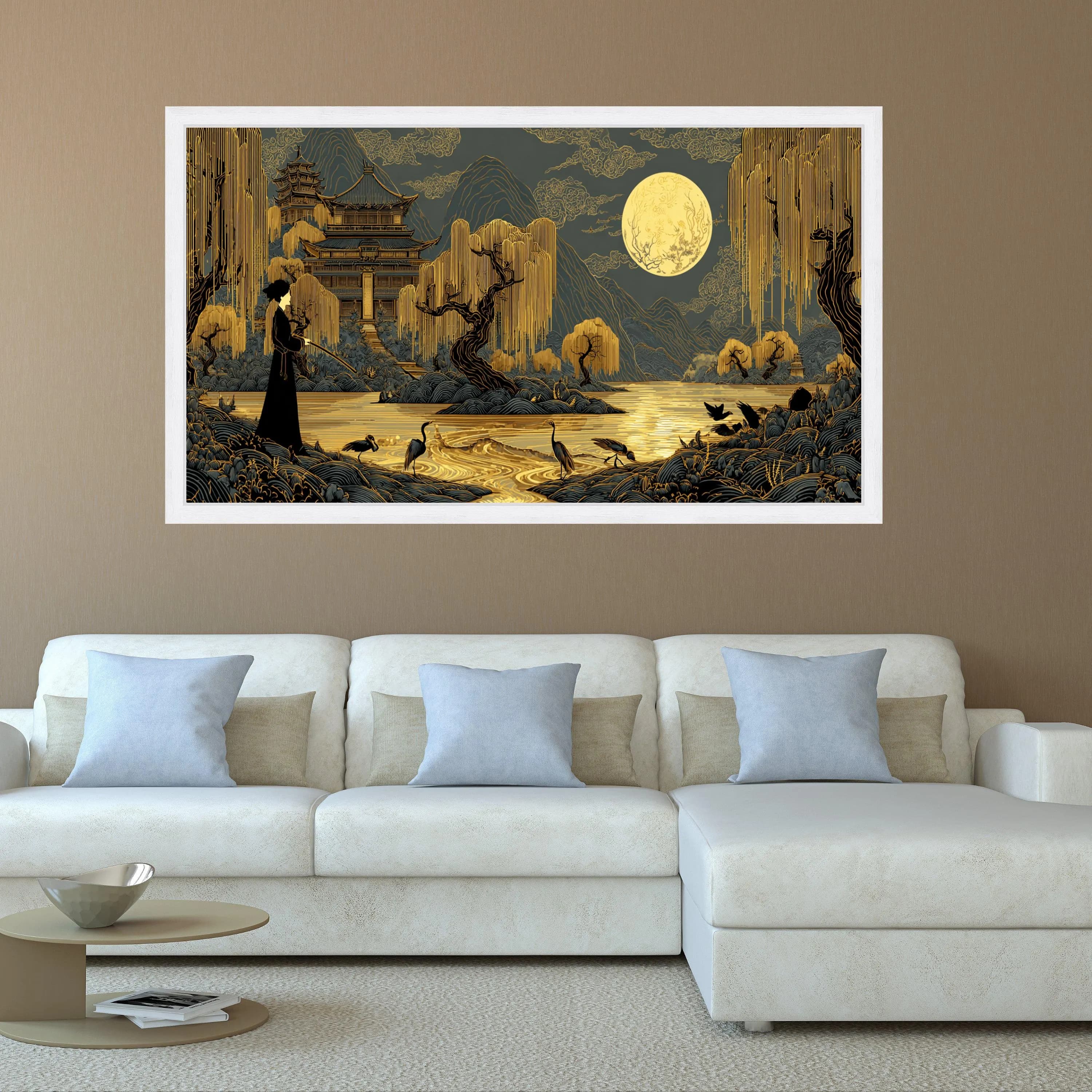 Golden Moonlit Japanese Landscape Canvas, Serene Pagoda Willow Crane Art - image 5