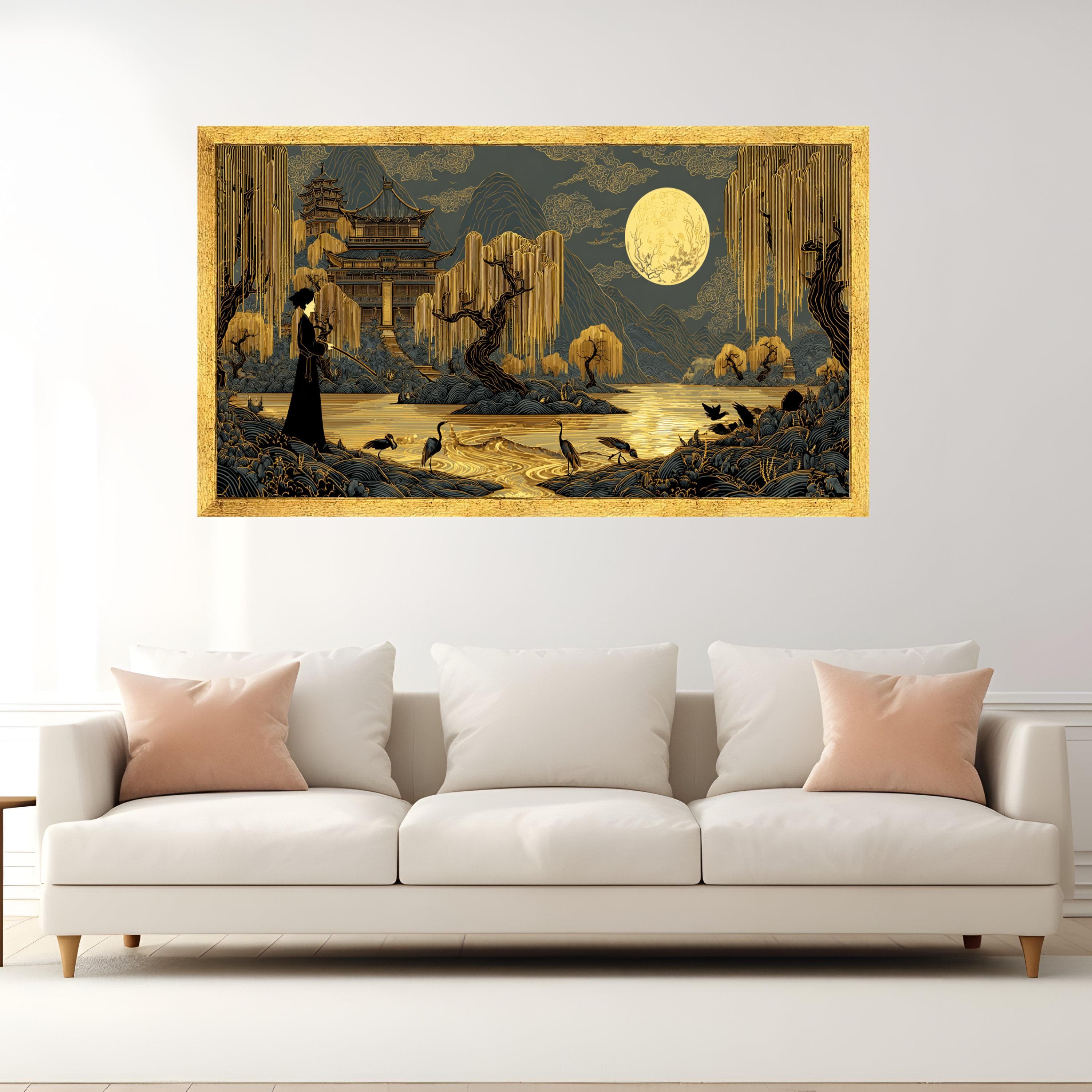 Golden Moonlit Japanese Landscape Canvas, Serene Pagoda Willow Crane Art - image 3