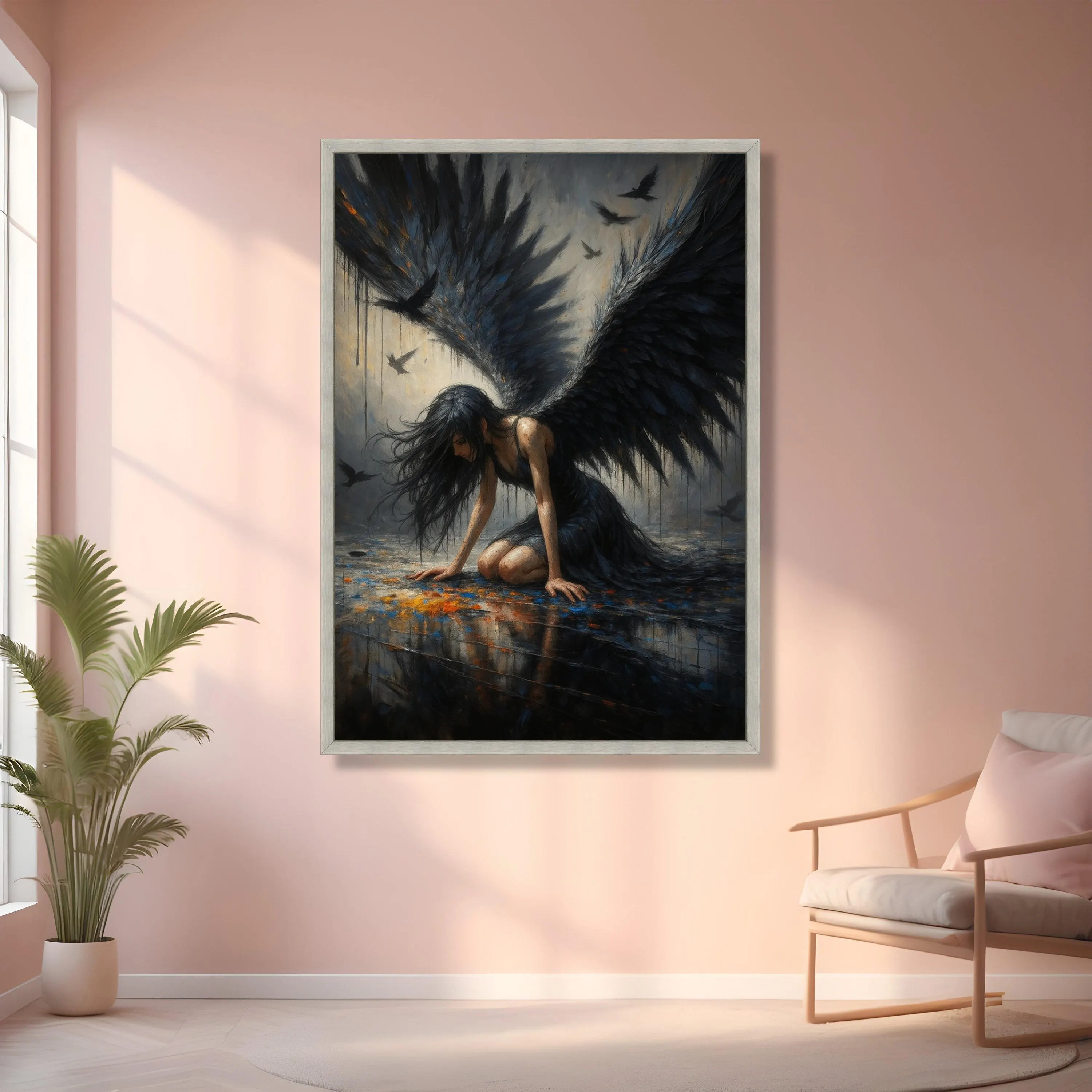 Dark Fallen Angel Canvas Wall Art, Gothic Woman with Black Wings, Moody Fantasy Art, Dramatic Home Decor, Mystical Wall Painting - image 5
