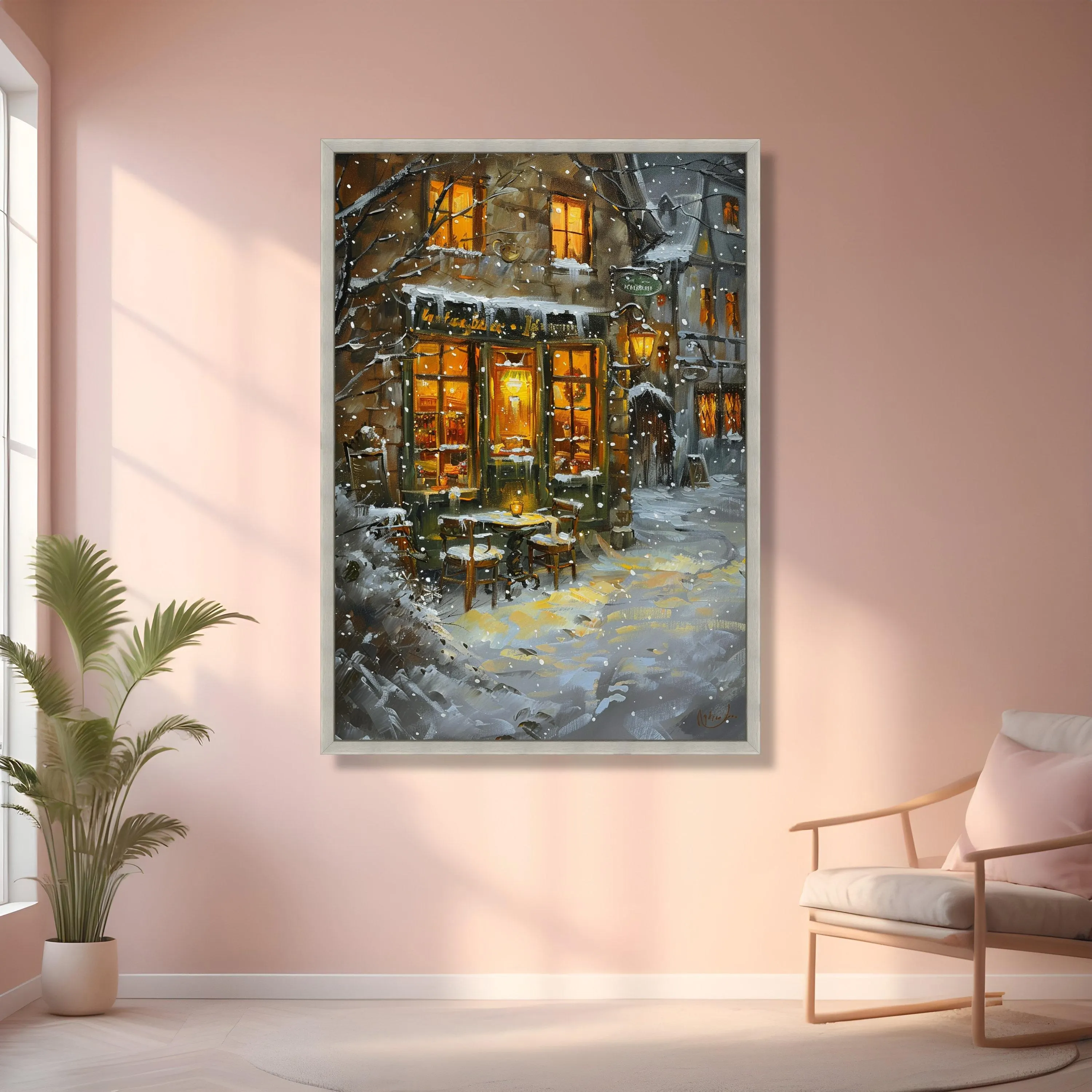 Cozy Winter Café Scene Canvas, Snowy Street Wall Art, Warm Light Painting, Seasonal Home Decoration, Rustic Outdoor Bistro Canvas - image 5