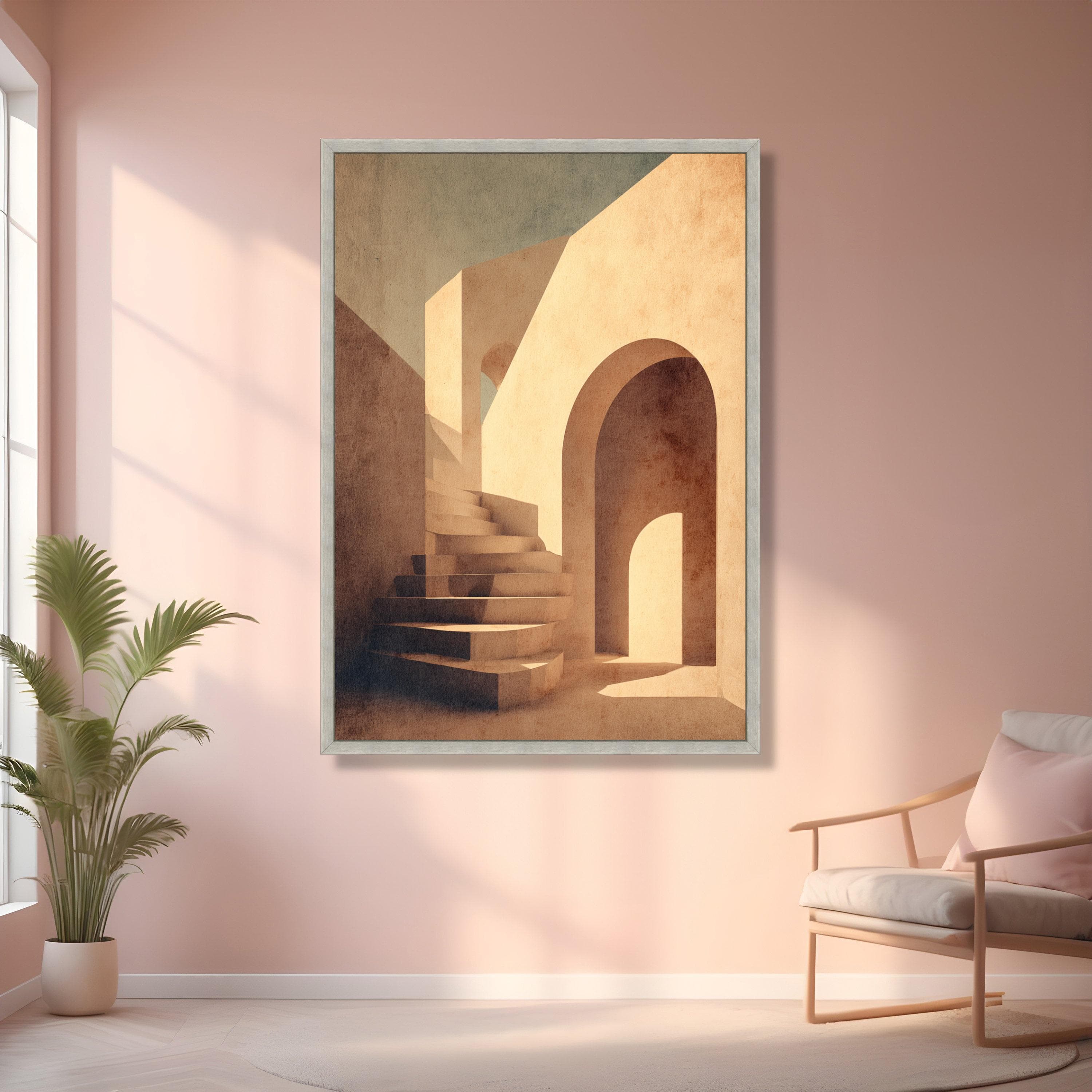 Warm Minimalist Architecture Canvas, Mediterranean Staircase Wall Art, Sunlit Arches Canvas, Modern Geometric Home Decor, Light and Shadow - image 5