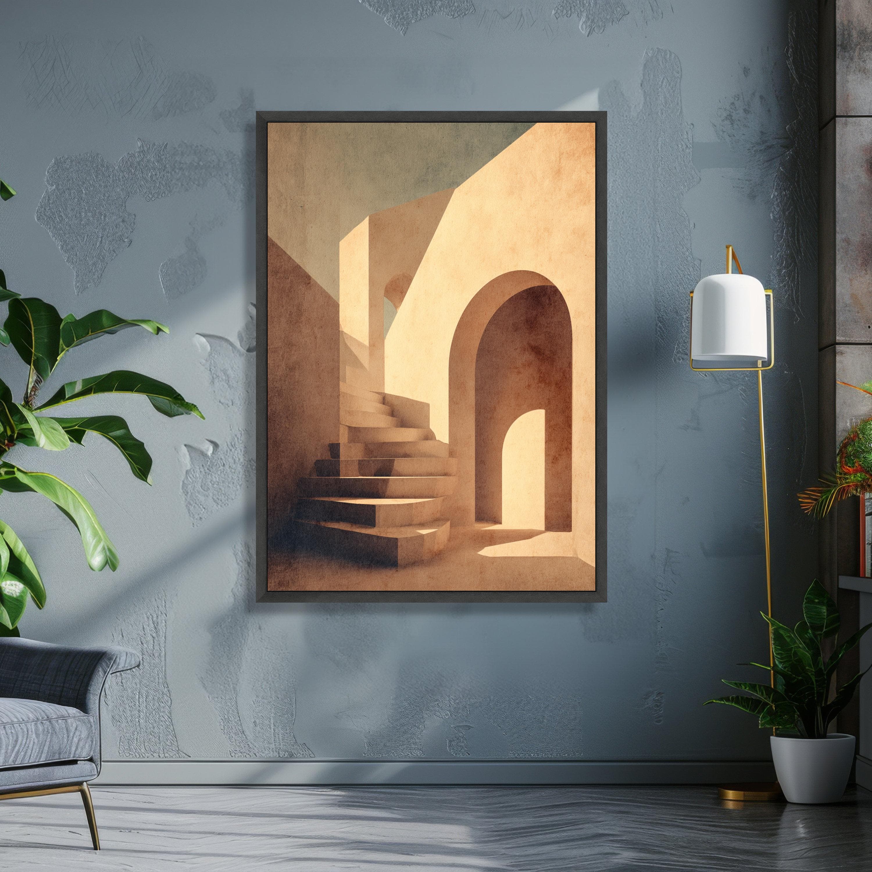 Warm Minimalist Architecture Canvas, Mediterranean Staircase Wall Art, Sunlit Arches Canvas, Modern Geometric Home Decor, Light and Shadow - image 4