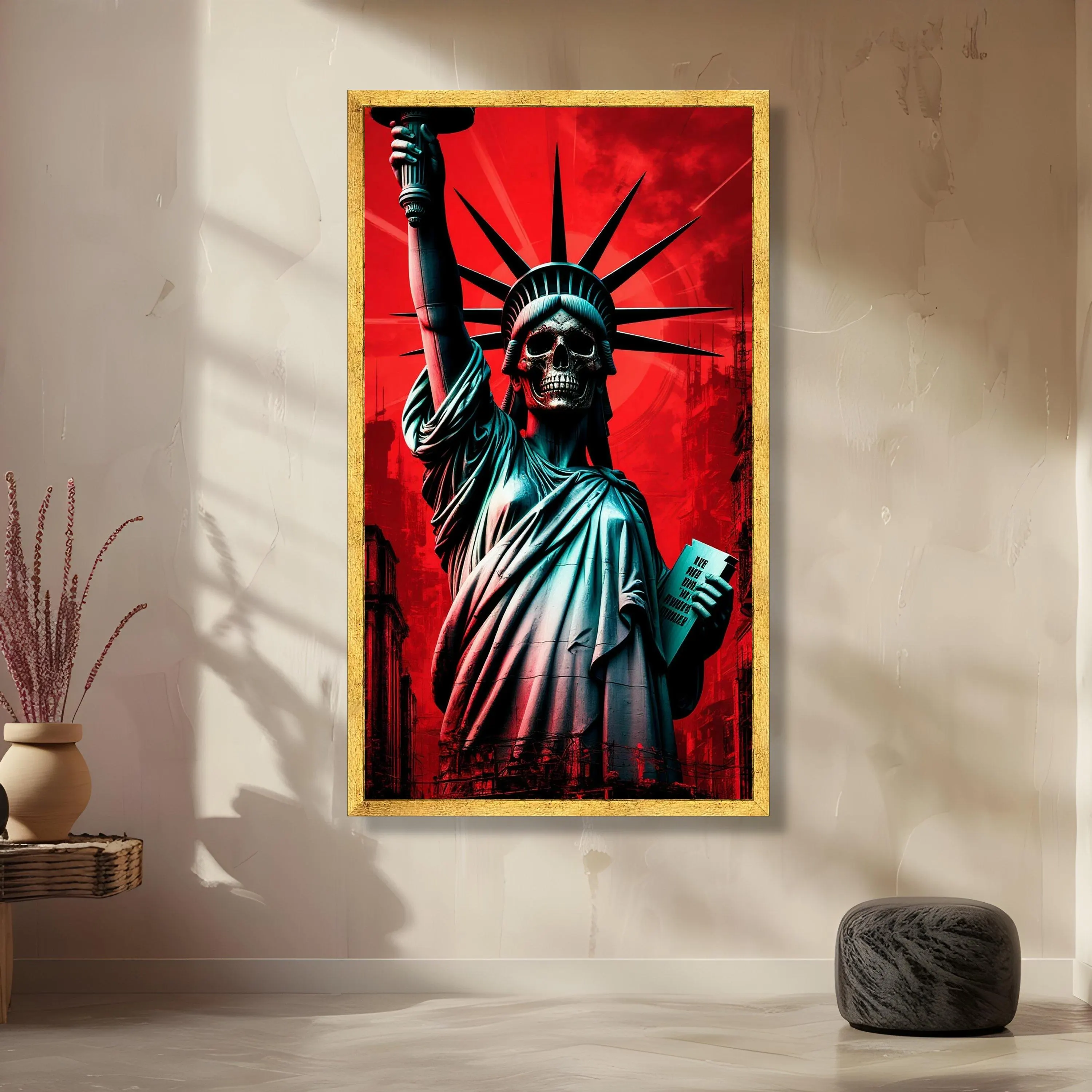 Dark Liberty Statue with Skull Face, Gothic Wall Art Canvas, Dystopian Home Decor, Bold Red Background Canvas, Urban Decay Theme Wall Art - image 3