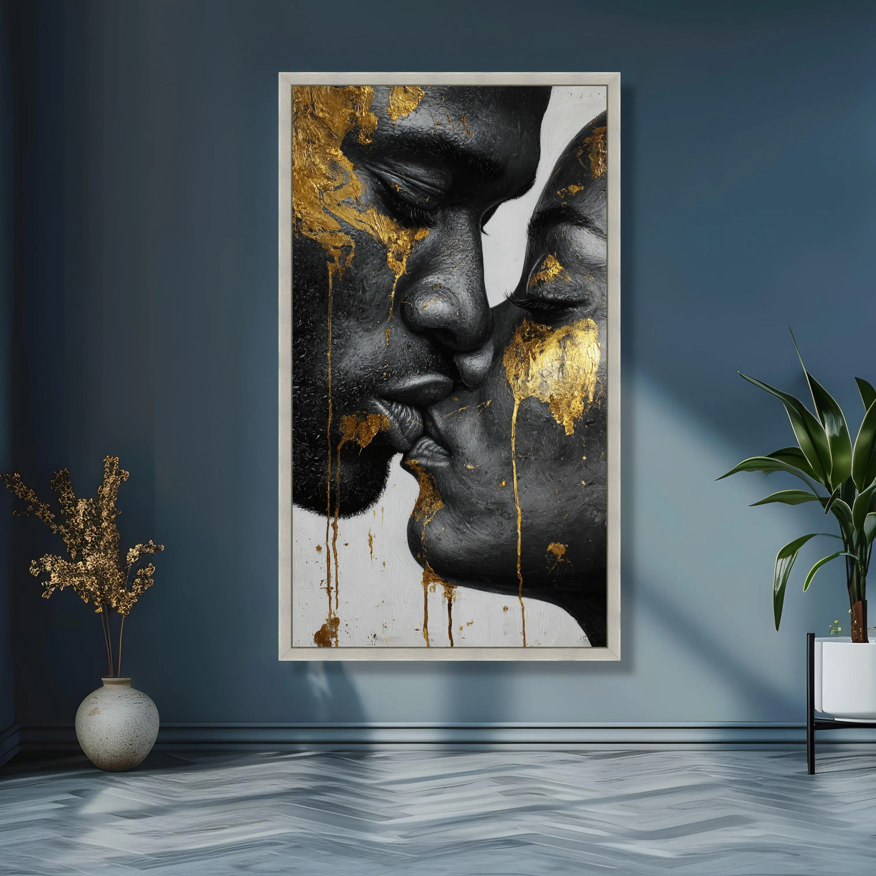 Intimate Couple Kiss Canvas, Black and Gold Wall Art, Modern Romantic Portrait, Abstract Canvas, Loving Faces Home Decor - image 5