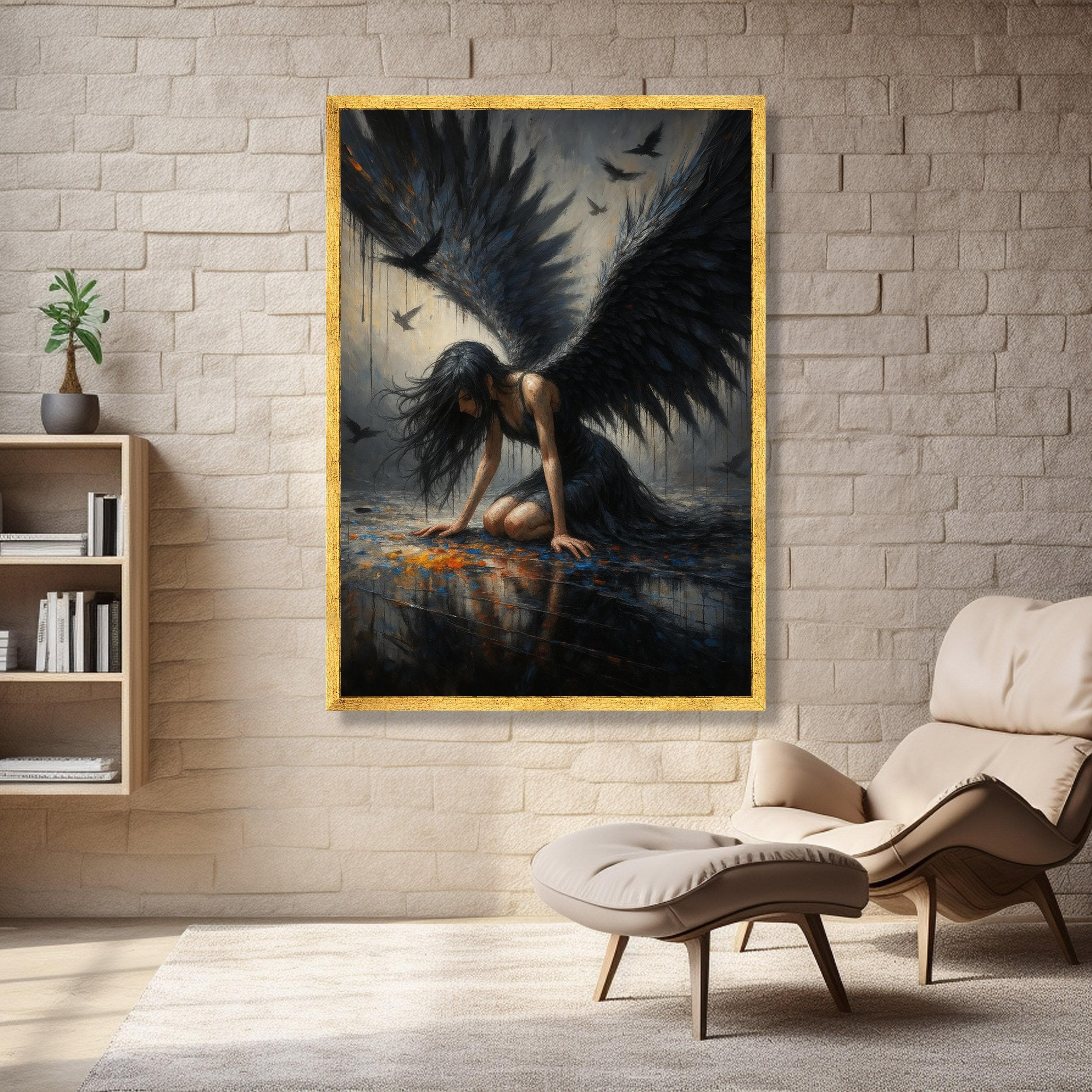 Dark Fallen Angel Canvas Wall Art, Gothic Woman with Black Wings, Moody Fantasy Art, Dramatic Home Decor, Mystical Wall Painting - image 3