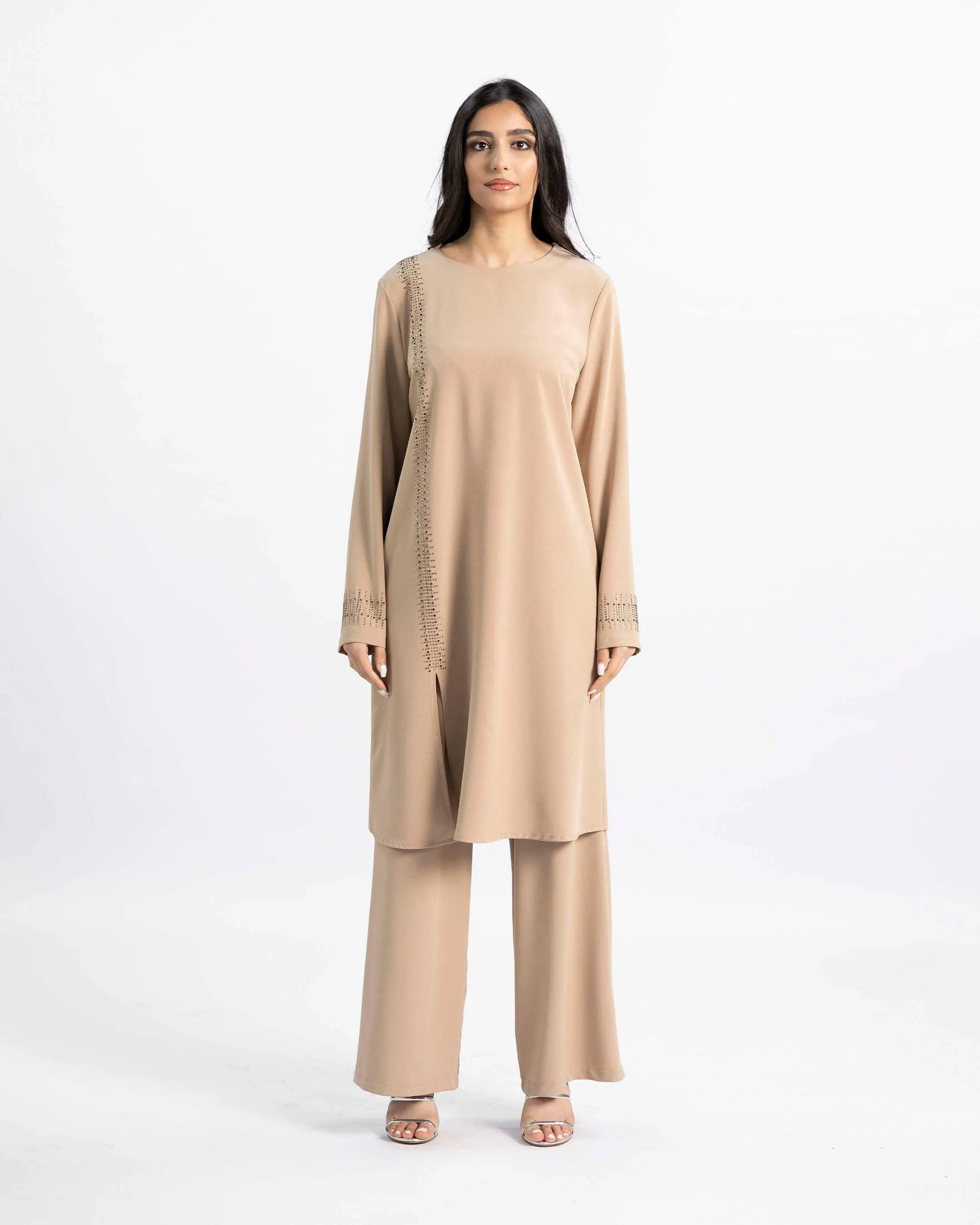 Saffron Elegance – Embroidered Long Blouse & Pants Set - image 4