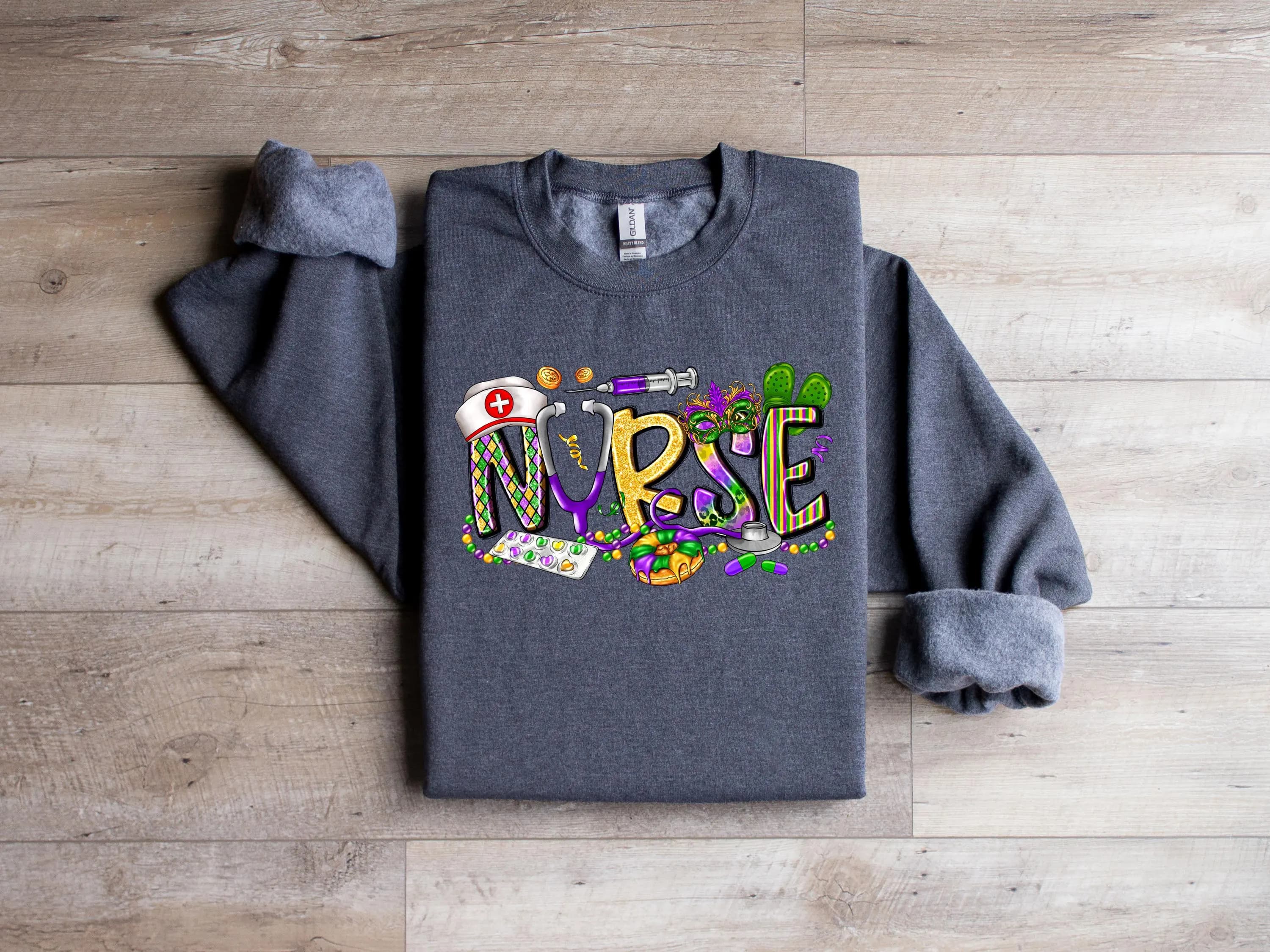 Mardi Gras Nurse Sweatshirt, Nurse Hoodie, Mardi T-Shirt, Holiday Nurse Gift, Nurse Sweatshirt, Mardi Gras Day Tee , Festive Nurse Apparel - image 4