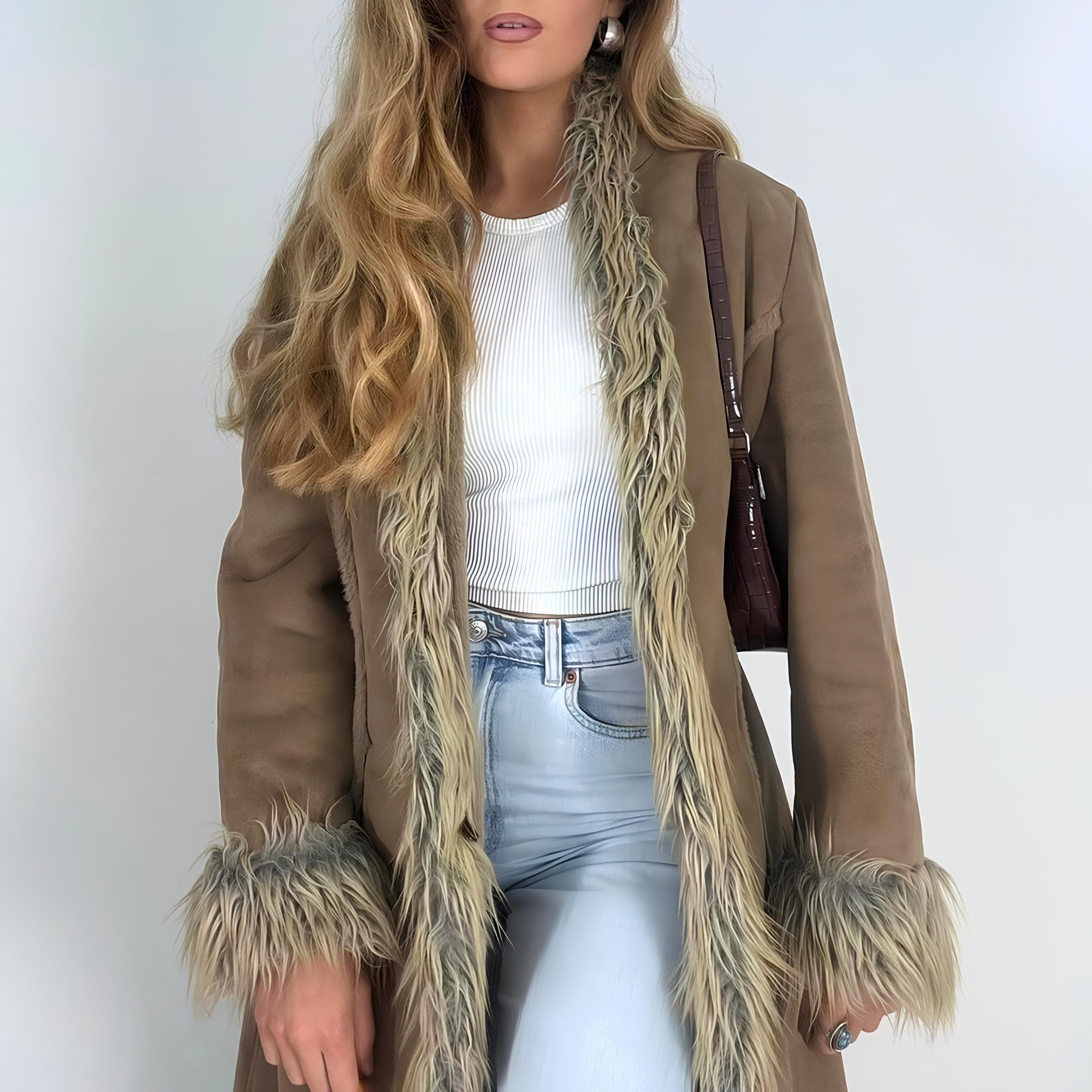 Faux Shearling Coat for Women - Handmade Brown Penny Lane Coat - Vintage Y2k Suede Leather Afghan Coat - Boho Long Winter Coat - image 3