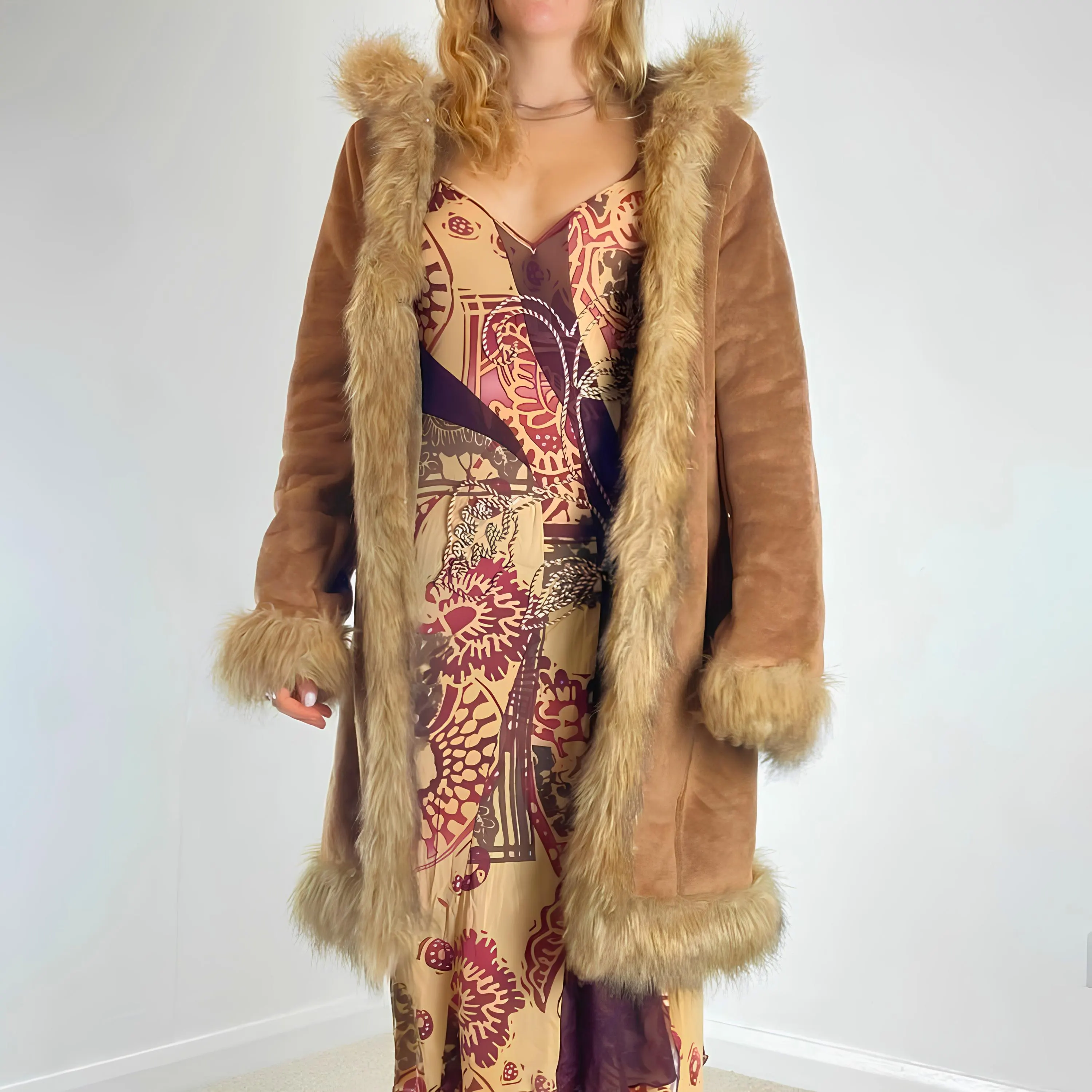 Women Brown Suede Leather Penny Lane Coat - Sheepskin Suede Faux Shearling Hooded Coat - Vintage 70 Bohemian Afghan Coat - Winter Gift - image 3
