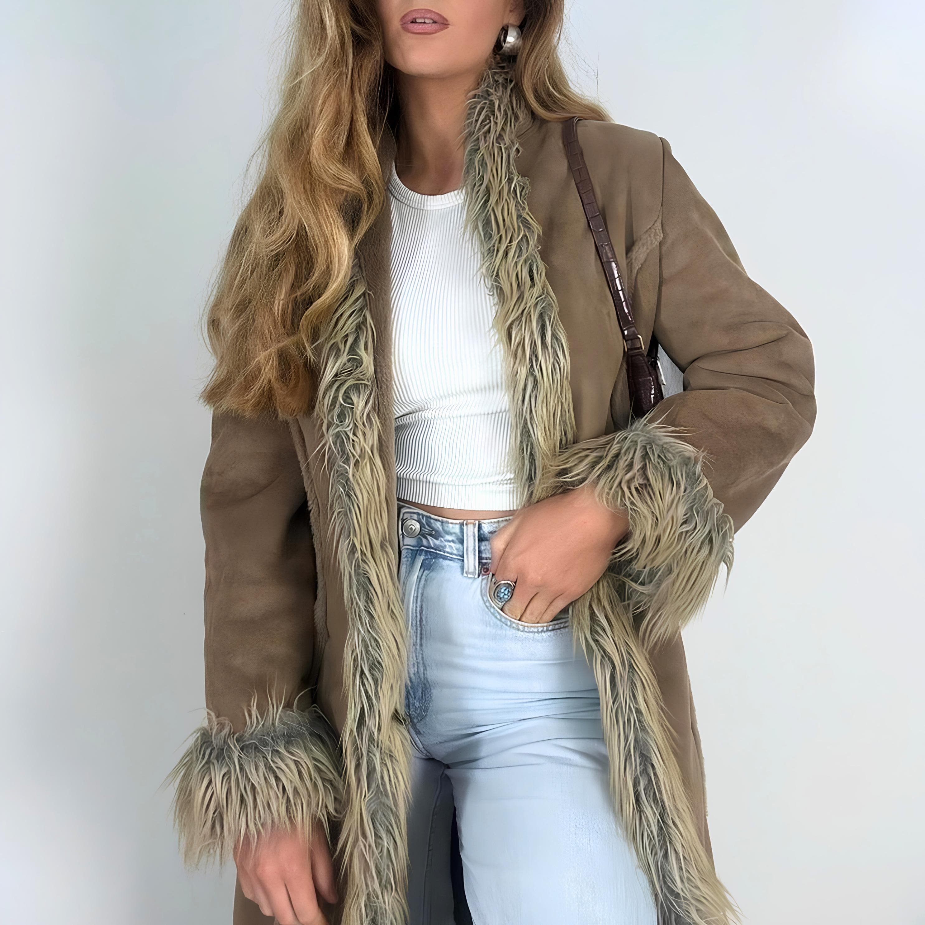 Faux Shearling Coat for Women - Handmade Brown Penny Lane Coat - Vintage Y2k Suede Leather Afghan Coat - Boho Long Winter Coat - image 5