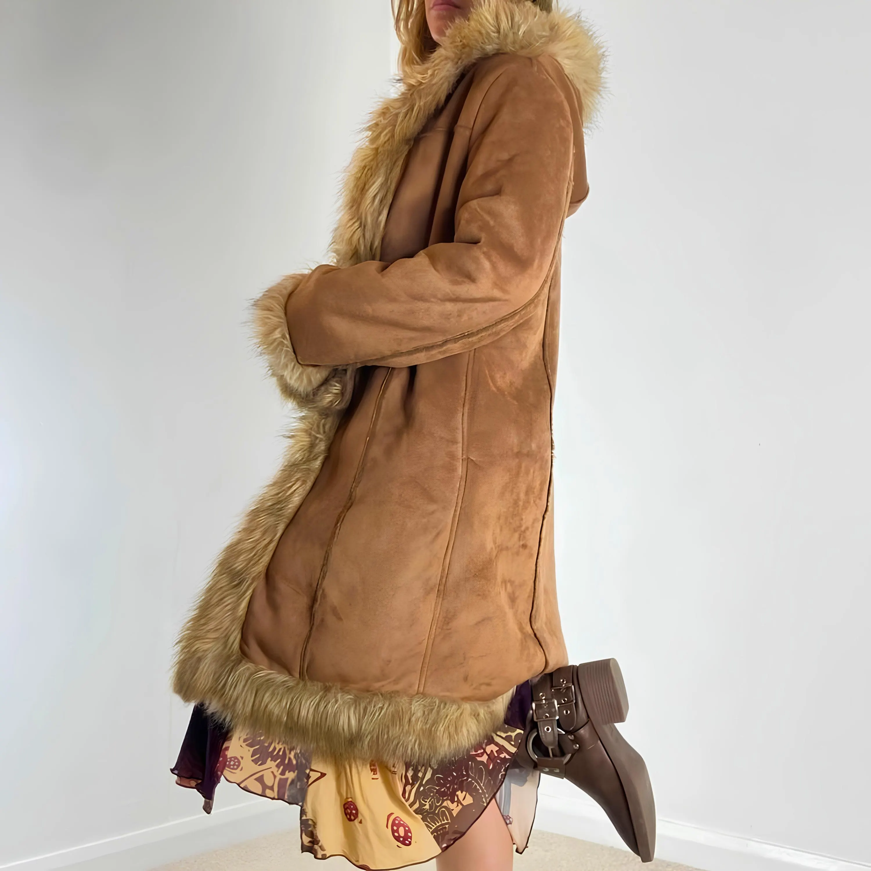 Women Brown Suede Leather Penny Lane Coat - Sheepskin Suede Faux Shearling Hooded Coat - Vintage 70 Bohemian Afghan Coat - Winter Gift - image 4