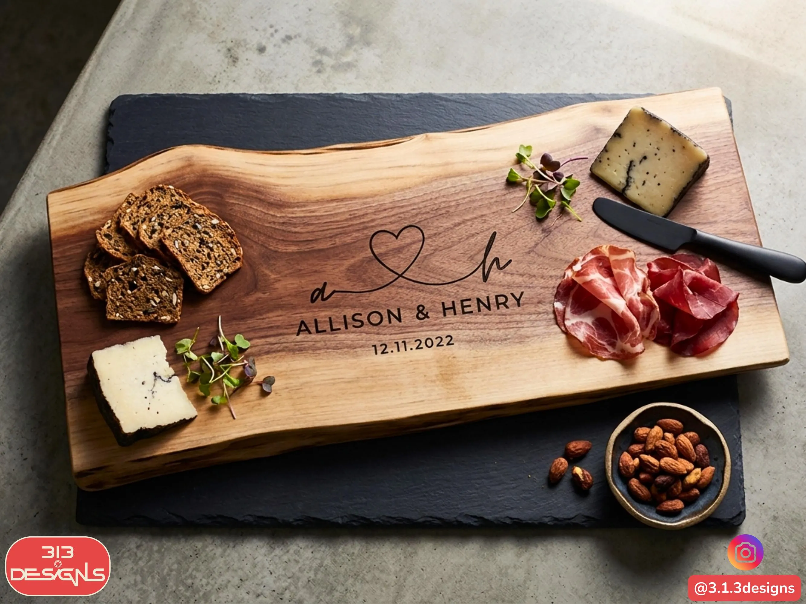Corporate Gifts for Clients Live Edge Walnut Charcuterie Board: Handcrafted Cheese Platter, Engraved Serving Board