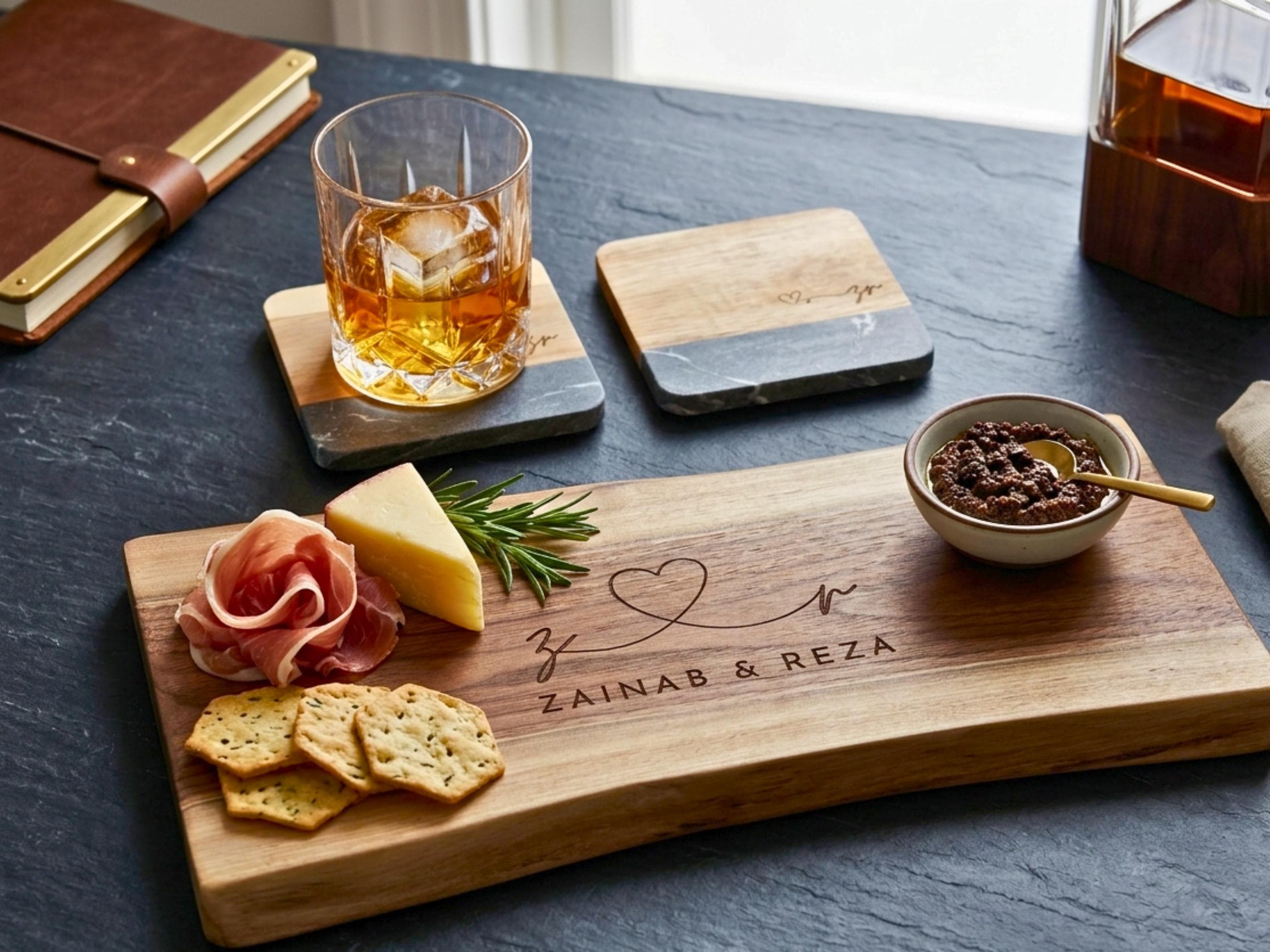 May include: A wooden serving board with a heart design and the names ZAINAB & REZA engraved. It holds crackers, cheese, prosciutto, and a small dip bowl. Two coasters and a glass of whiskey are also visible.