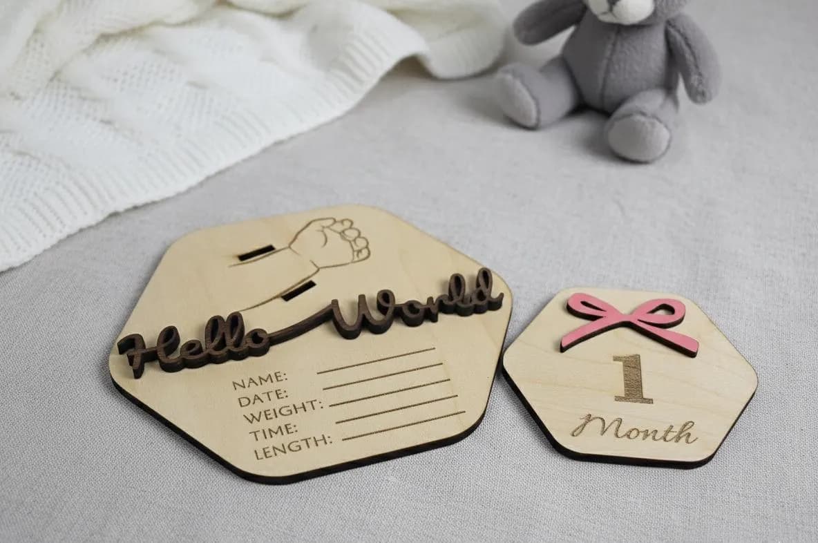 Wooden Baby Announcement Sign: Hello World Keepsake & Milestone Set
